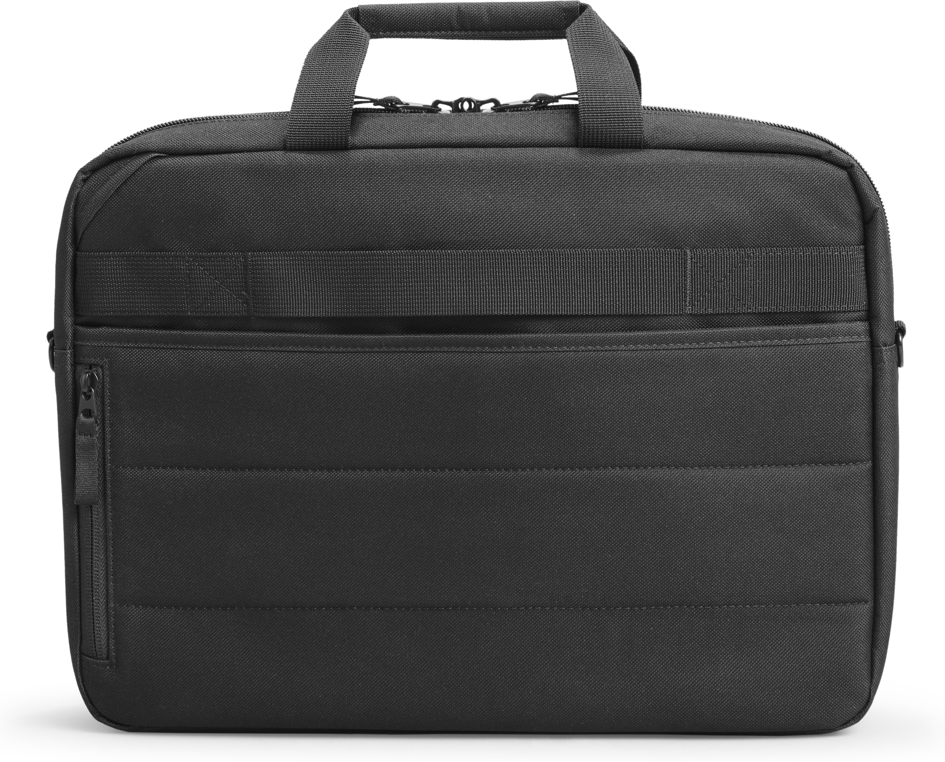 Black laptop bag with handle and zipper. Additional strap on the front.