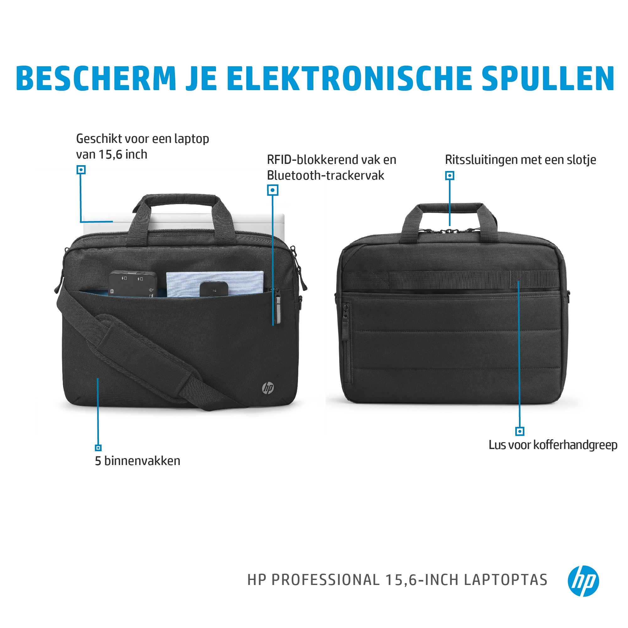 Black laptop bag with text descriptions and features. Two views are presented.