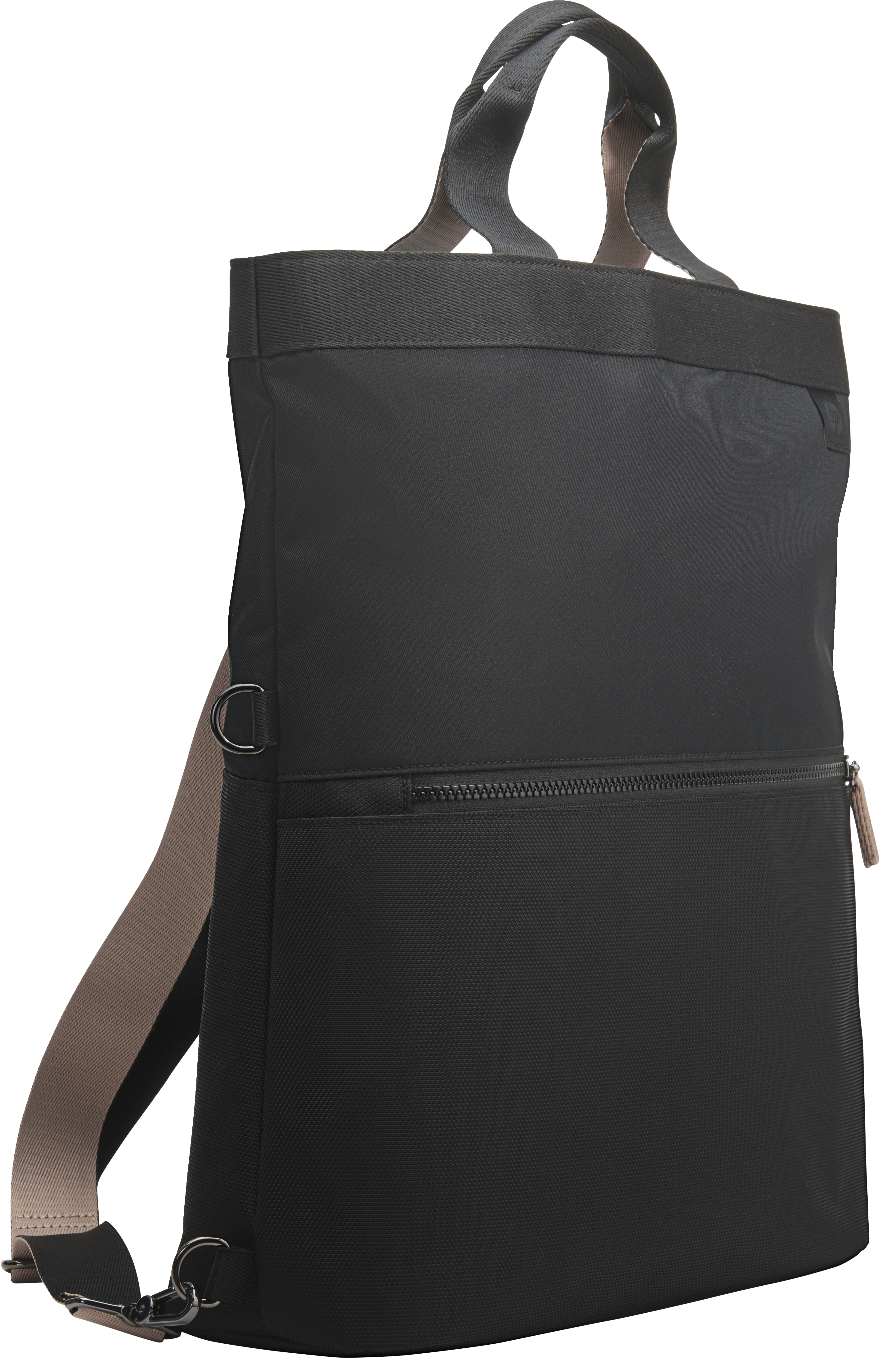 Sac à dos noir avec sangles beiges, vue latérale, sur fond blanc.