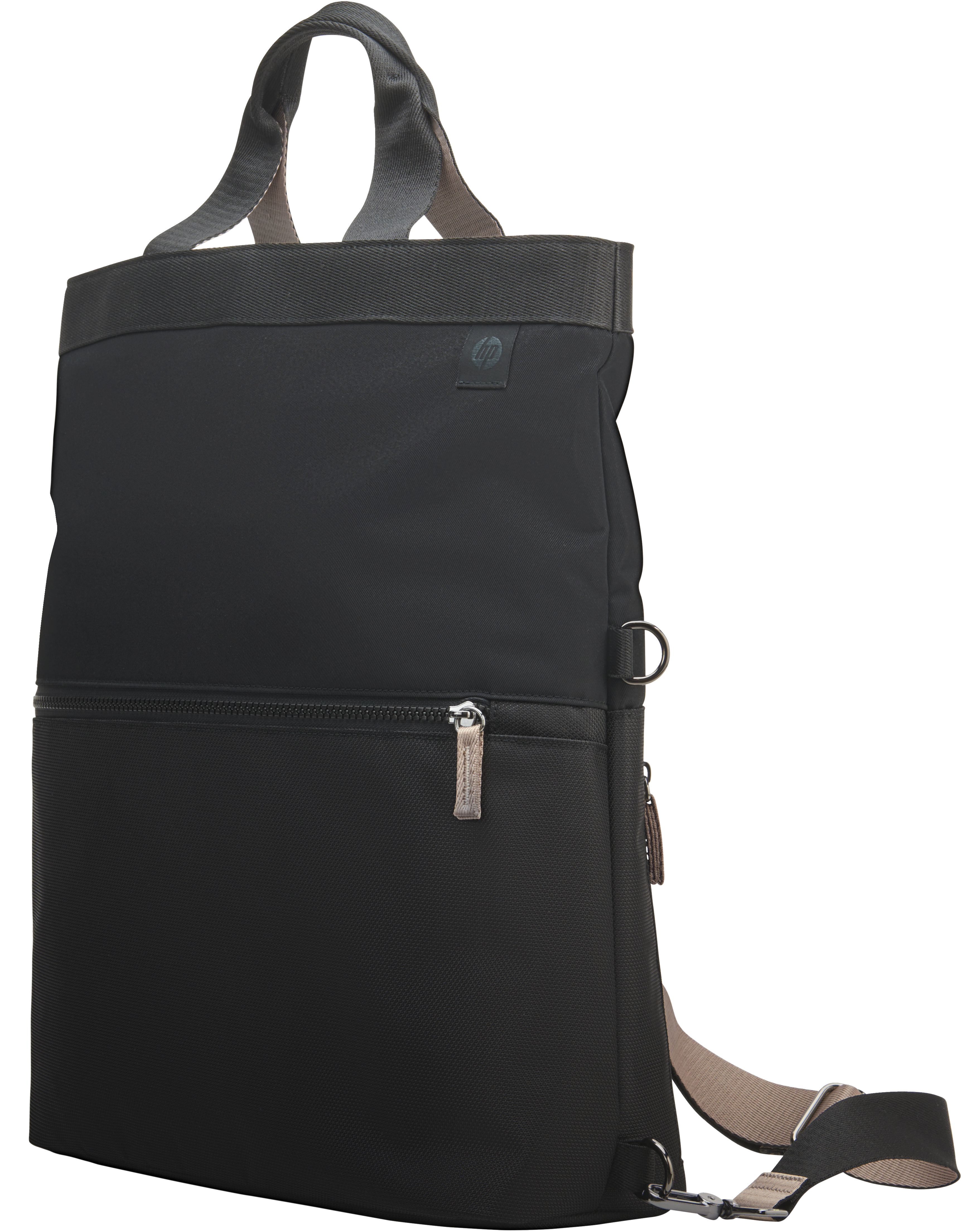 Sac à dos noir avec logo HP et une bandoulière.