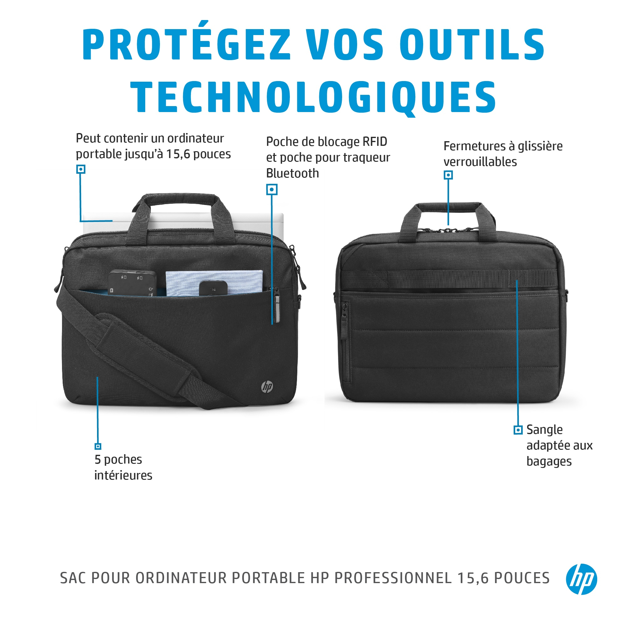 Black laptop bag with front pocket, handle and shoulder strap. HP logo.