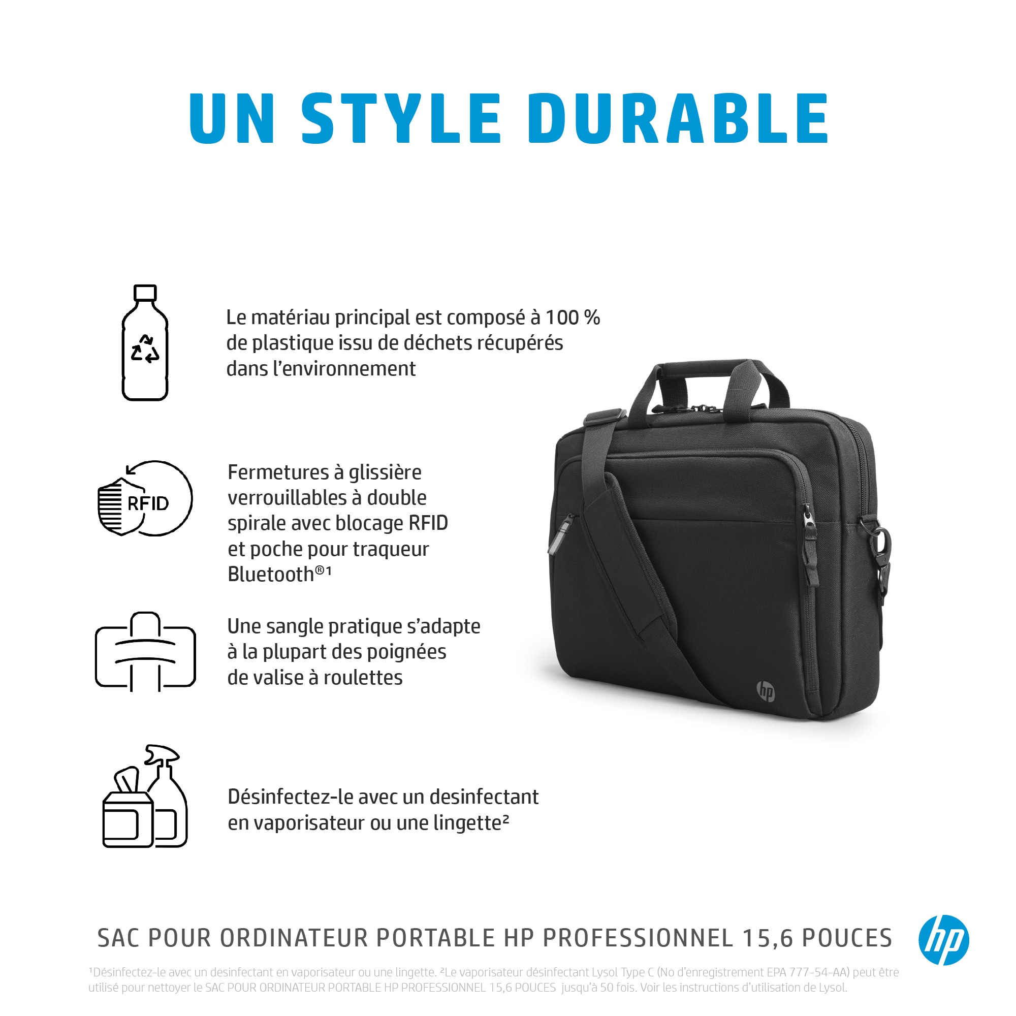 Black HP laptop bag with text about recycled materials and RFID features.