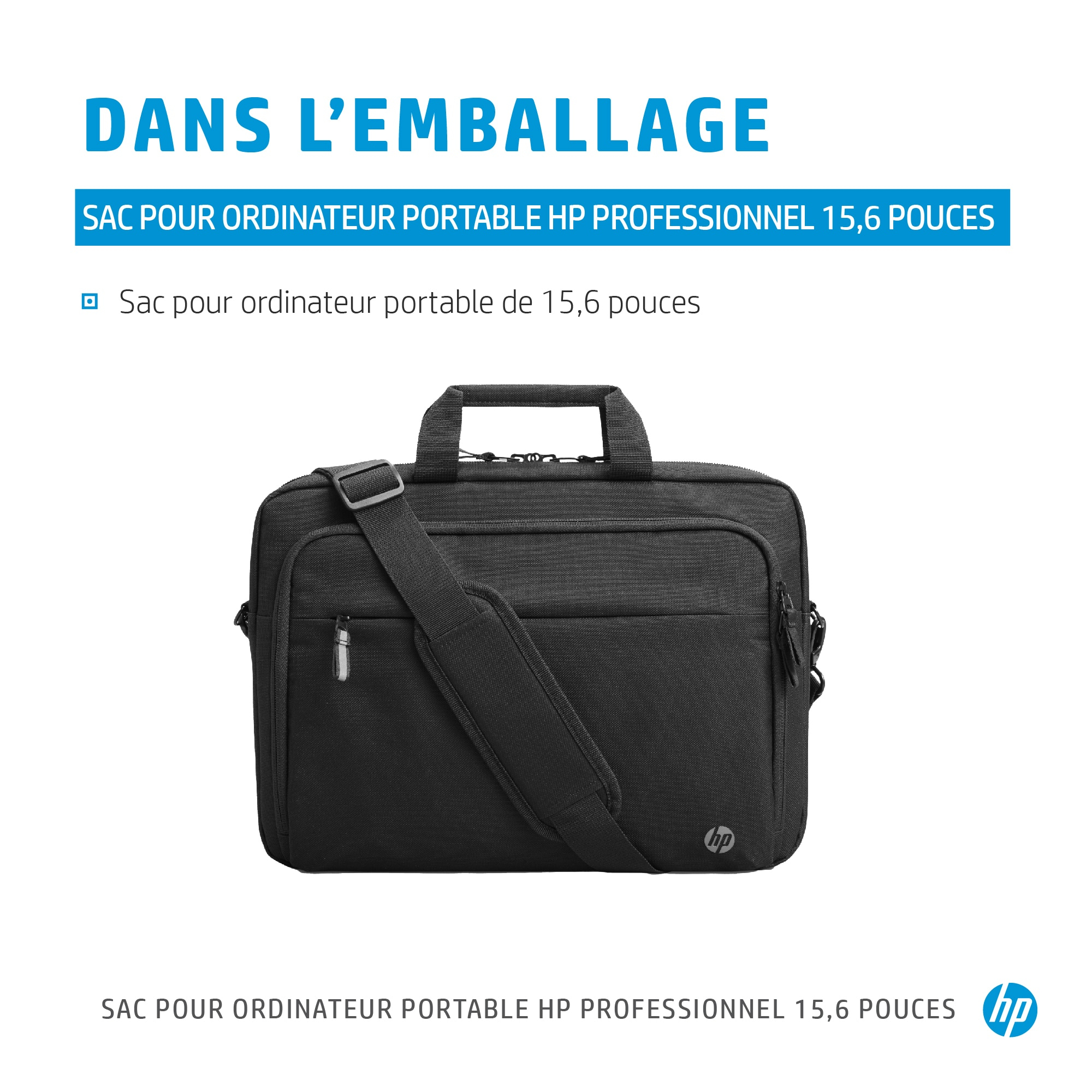 Black laptop bag with the HP logo, with a handle and shoulder strap.