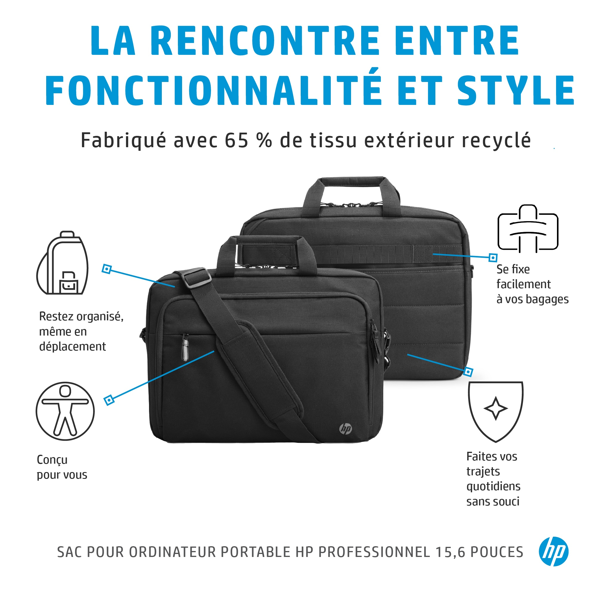 Two black HP laptop bags, one a shoulder bag and another a briefcase. Text overlays and icons decorate the image.