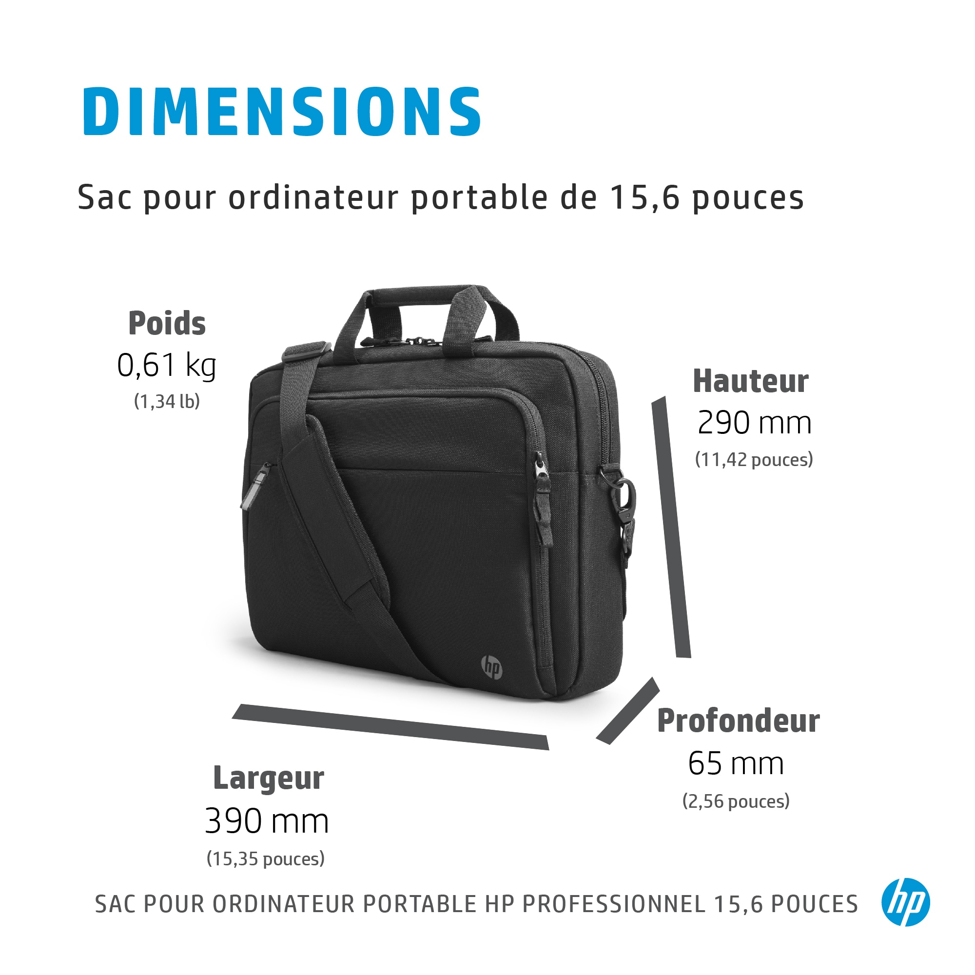 Black HP laptop bag with dimensions shown, 390mm width, 290mm height, 65mm depth. It has a shoulder strap.