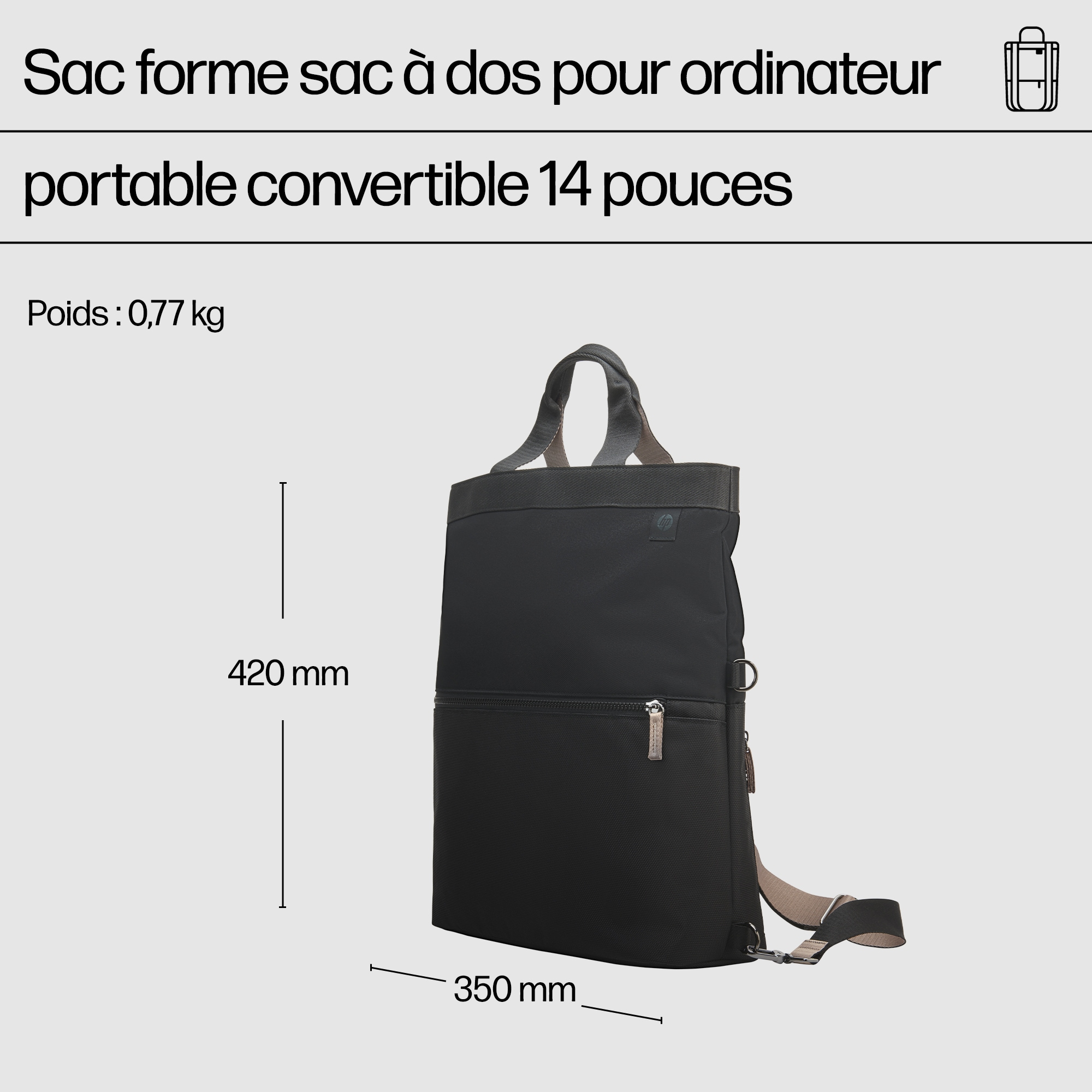 Sac à dos noir avec poignée et bandoulière, dimensions indiquées.