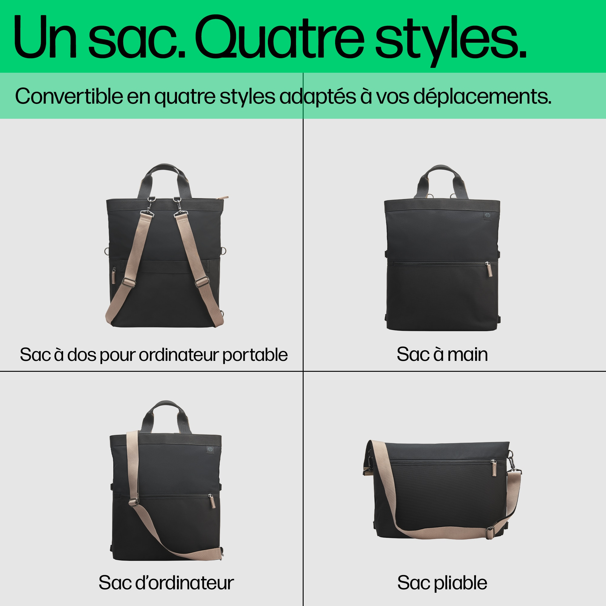L'image montre quatre sacs noirs convertibles : sac à dos, sac à main, sac d'ordinateur et sac pliable.