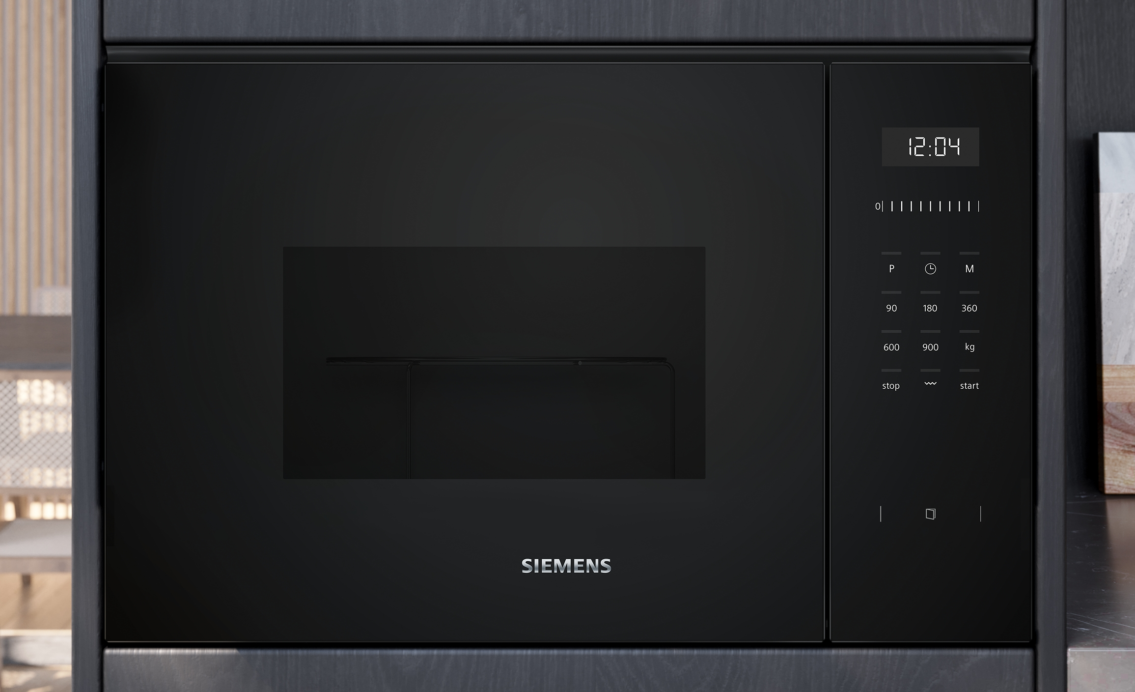 Schwarze Einbau-Mikrowelle mit digitaler Anzeige 12:04. Siemens-Markenlogo.