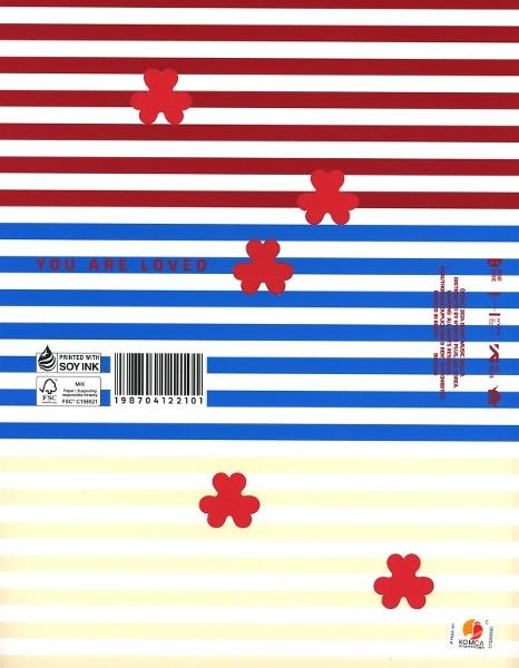 Rückseite einer CD-Hülle mit weißem und rotem Streifendesign und roten Blumenformen.