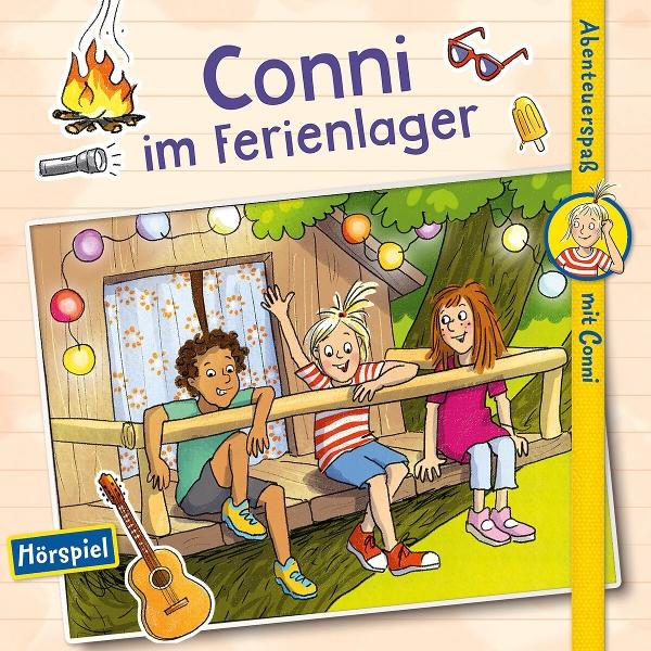 Cover eines Kinderbuchs: drei Kinder auf einer Bank, Lagerfeuer, Gitarre und Text: Conni im Ferienlager.