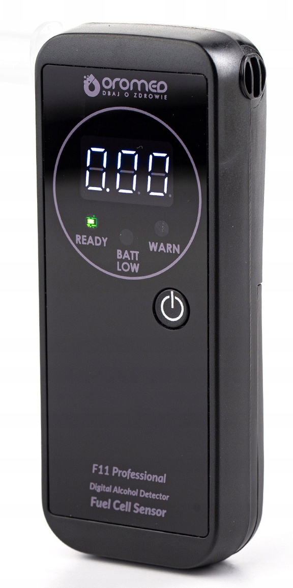 Czarny cyfrowy alkomat z wyświetlaczem i przyciskami.