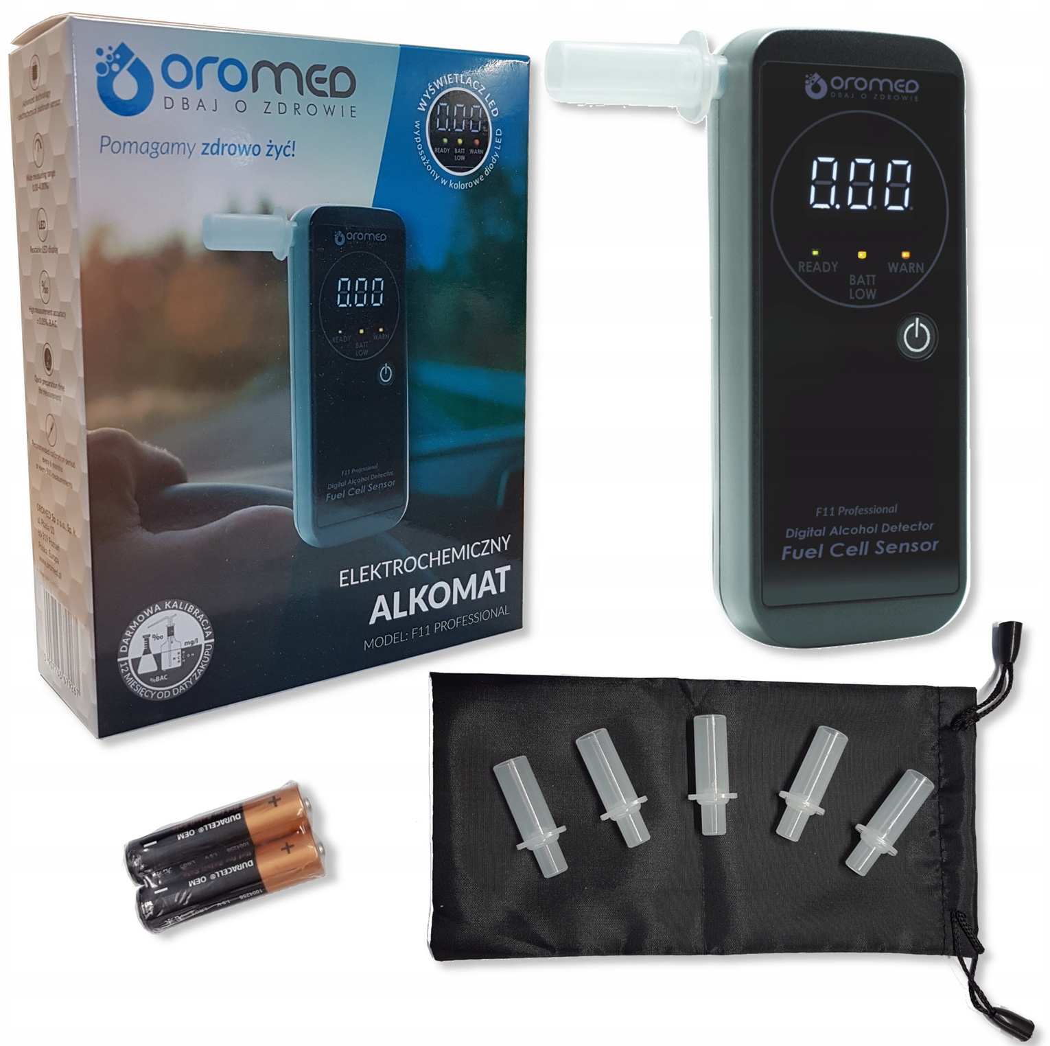 Alkomat z pudełkiem, bateriami i ustnikami.