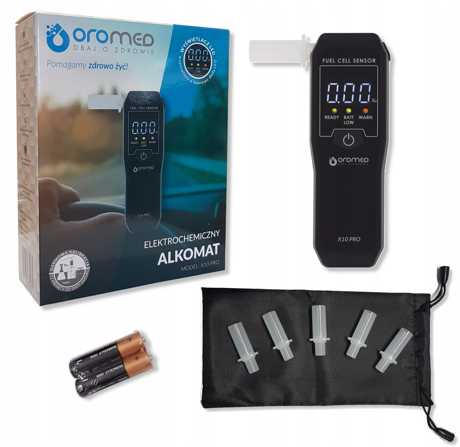 Alkomat z akcesoriami. Czarne urządzenie, pudełko, baterie i ustniki.