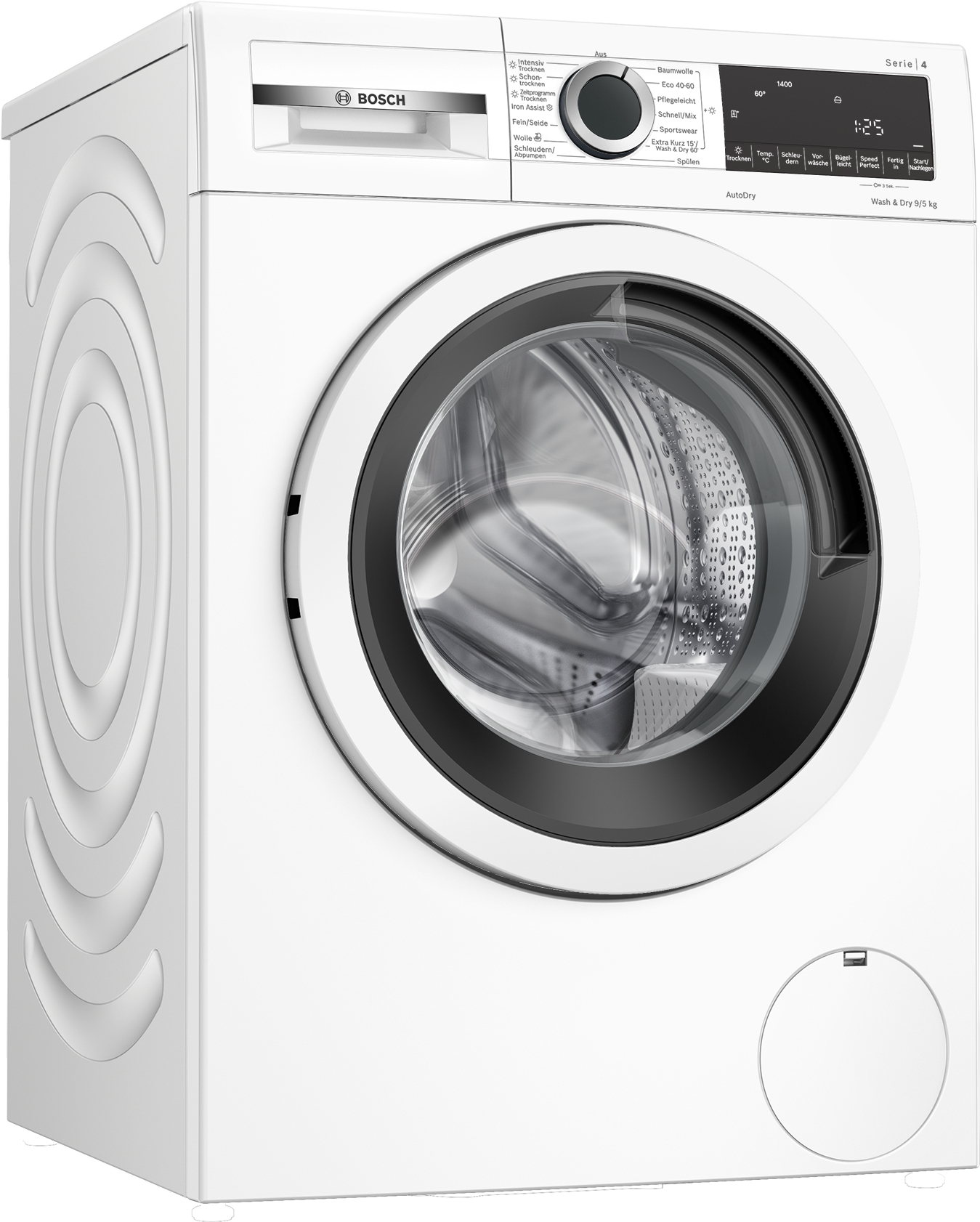 Eine weiße Waschmaschine mit schwarzer Tür und Bedienfeld, vor weißem Hintergrund.