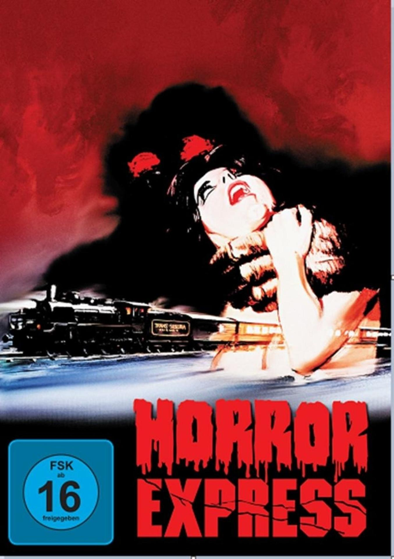Filmposter für „Horror Express“ mit einer Frau in Not und einem Zug vor rotem Hintergrund.