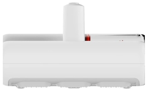 Białe urządzenie, widok z boku, z cylindryczną górą i trzema wypukłościami na dole.