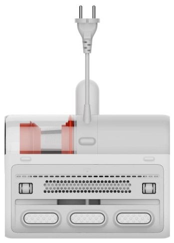 Biała konsola z wtyczką i przezroczystą przegrodą.