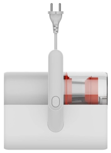 Biała wyciskarka do soku z przewodem i wtyczką, czerwone części w środku.