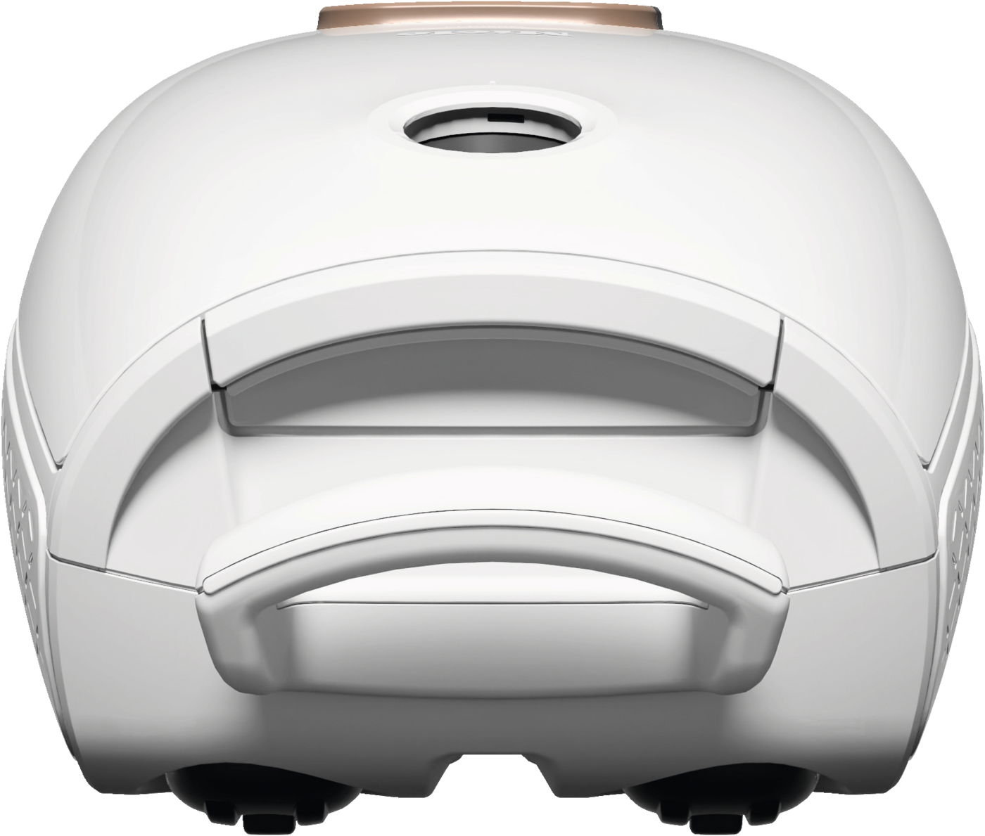 Ein weißes Gerät, möglicherweise ein Staubsauger, mit Griff und abgerundeter Form.