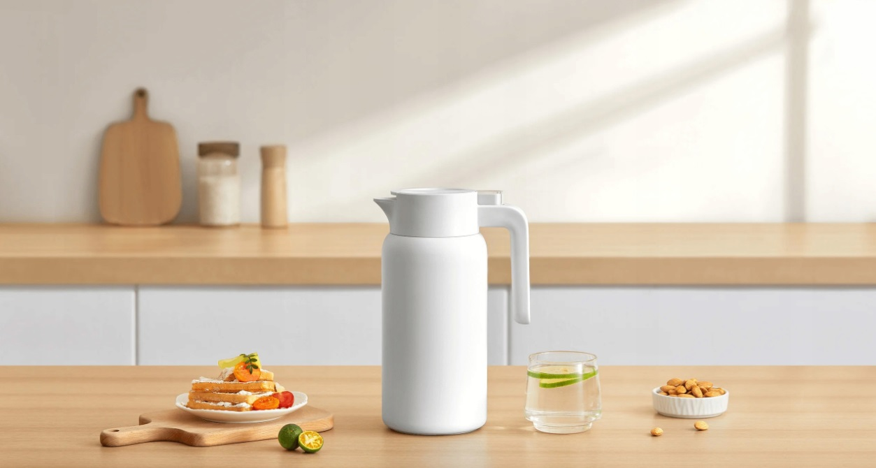 Biały dzbanek na wodę, szklanka wody z cytryną i jedzenie na stole.