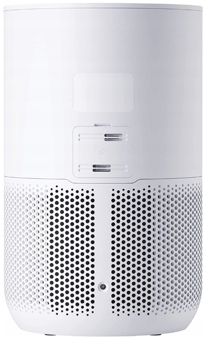 Biały głośnik cylindryczny z czarną siatkową podstawą i panelem sterowania.