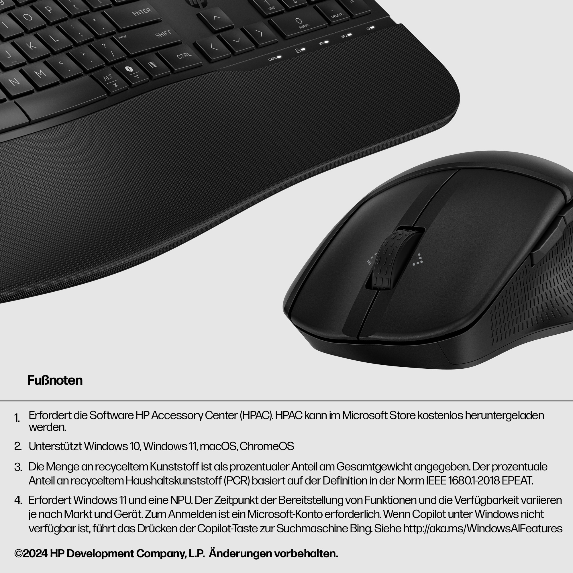 Nahaufnahme einer schwarzen Tastatur und Maus. Text: Fußnoten mit Produktdetails.