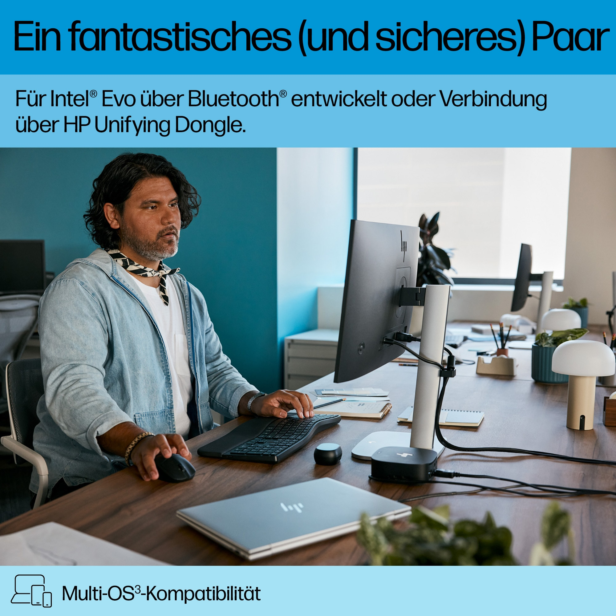 Mann benutzt schwarze Tastatur und Maus. Text: Ein fantastisches (und sicheres) Paar. Laptop und Schreibtisch.