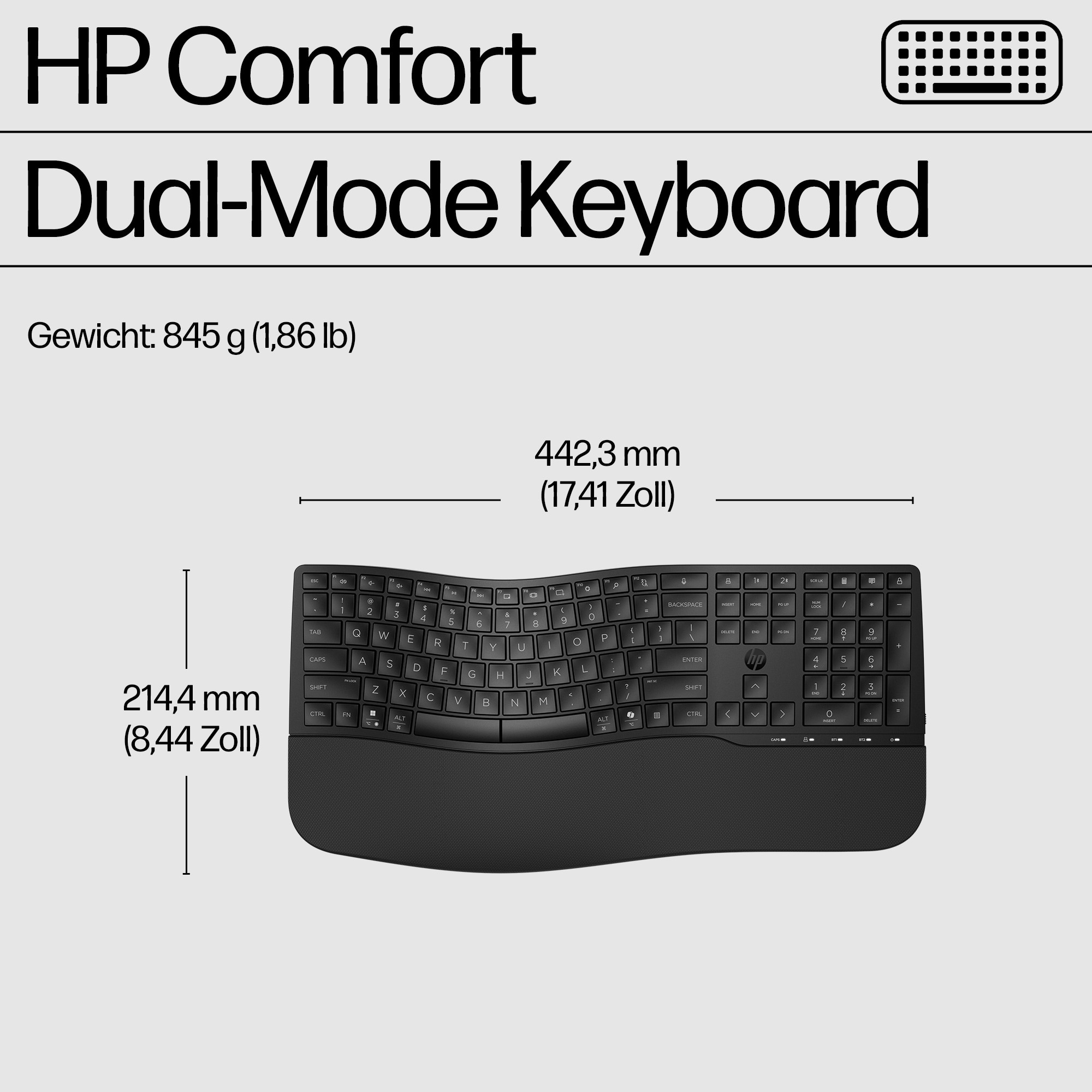 Schwarze Tastatur mit Abmessungen. Text: HP Comfort Dual-Mode Keyboard. Weißer Hintergrund.