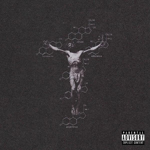 Albumcover, eine Darstellung von Jesus am Kreuz mit einem wissenschaftlichen Diagramm-Overlay.