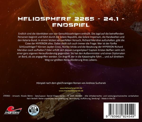 Rückseite eines deutschen Hörbuchs, mit Text und einem Planetenbild.