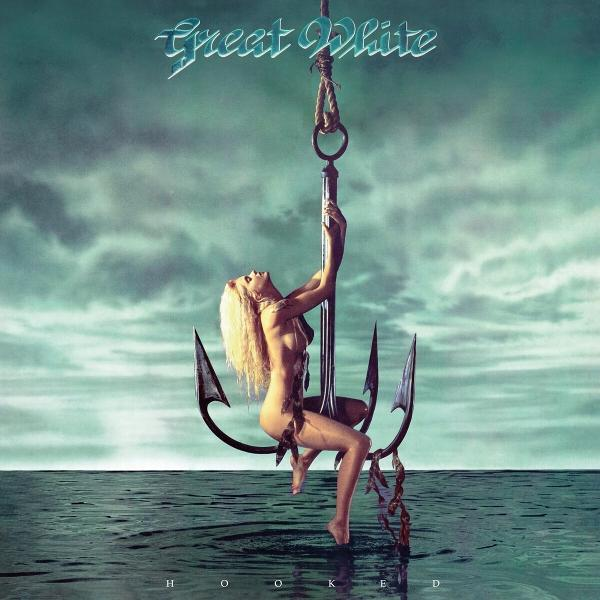 Albumcover einer Frau, die an einem Haken hängt, Wasserhintergrund. Text: Great White, Hooked.