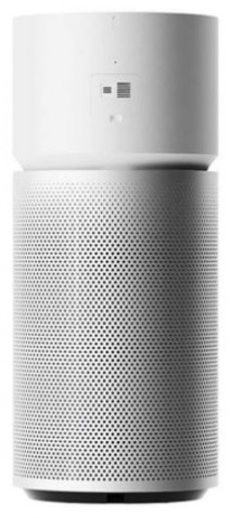 Biały oczyszczacz powietrza z cylindrycznym korpusem i perforowaną górną częścią.