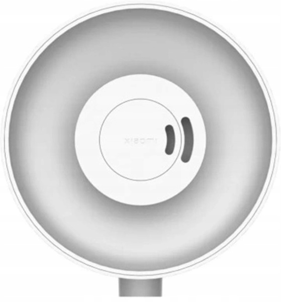 Biały wentylator kołowy z centralnym okrągłym elementem sterującym i dwoma wpuszczonymi przyciskami.