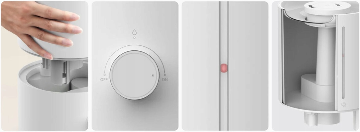 Cztery obrazy pokazujące biały nawilżacz, w tym zbiornik na wodę, elementy sterujące i czerwone światło.