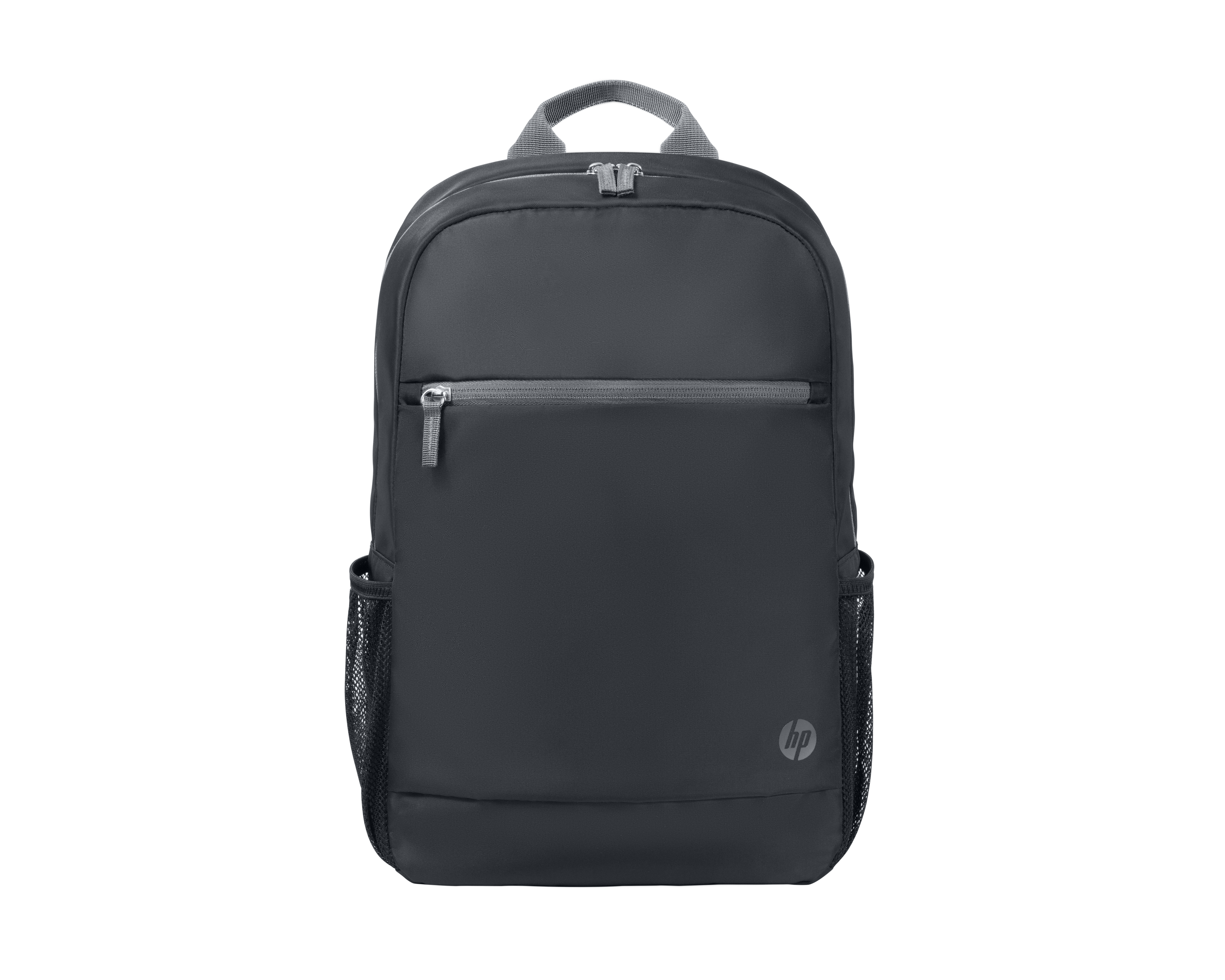 Sac à dos HP noir avec fermeture éclair grise et poches latérales en filet. Comporte le logo HP. Poignée et bretelles grises.