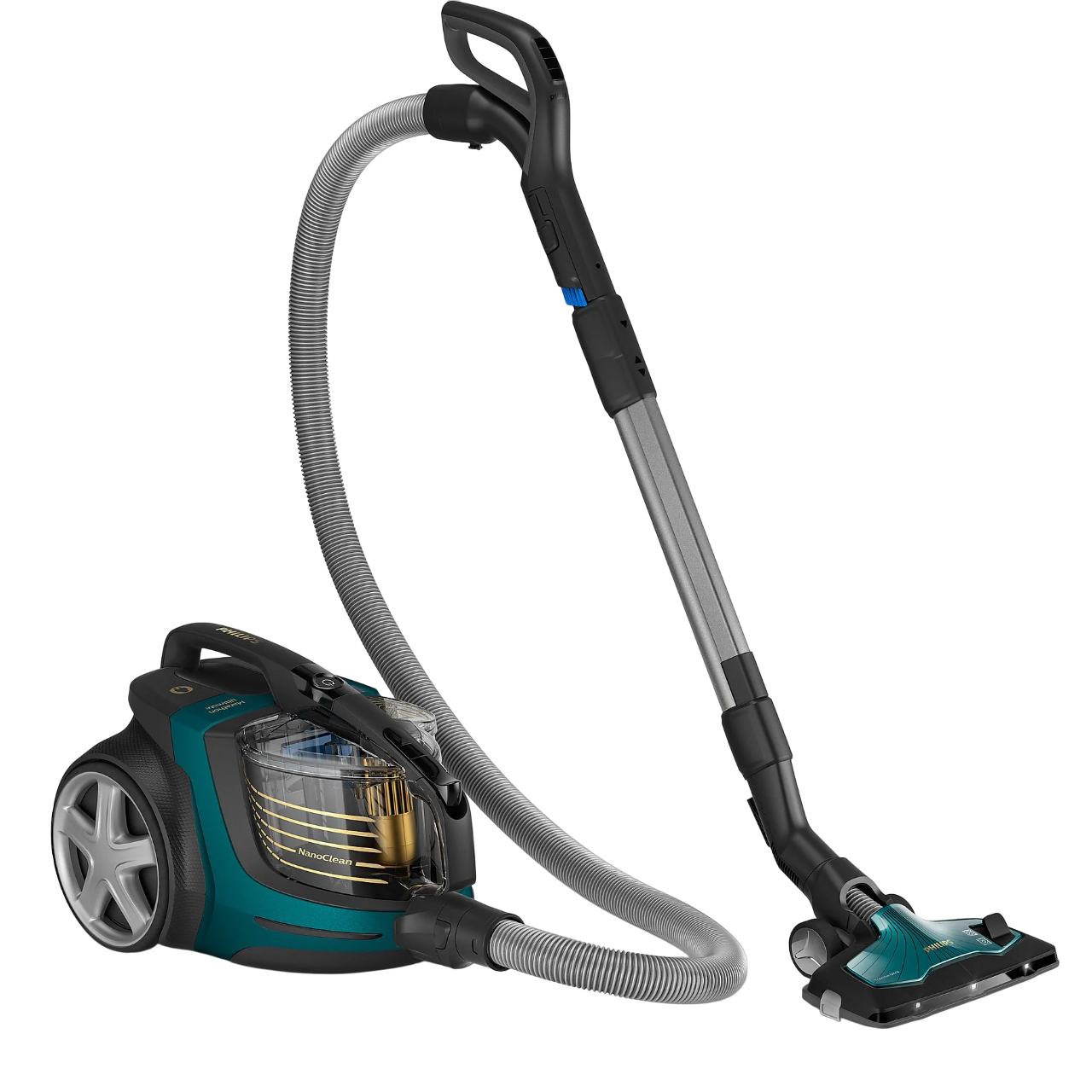 Siyah arka plan üzerinde gümüş hortumlu ve ataşmanlı, turkuaz ve siyah bir elektrikli süpürge.