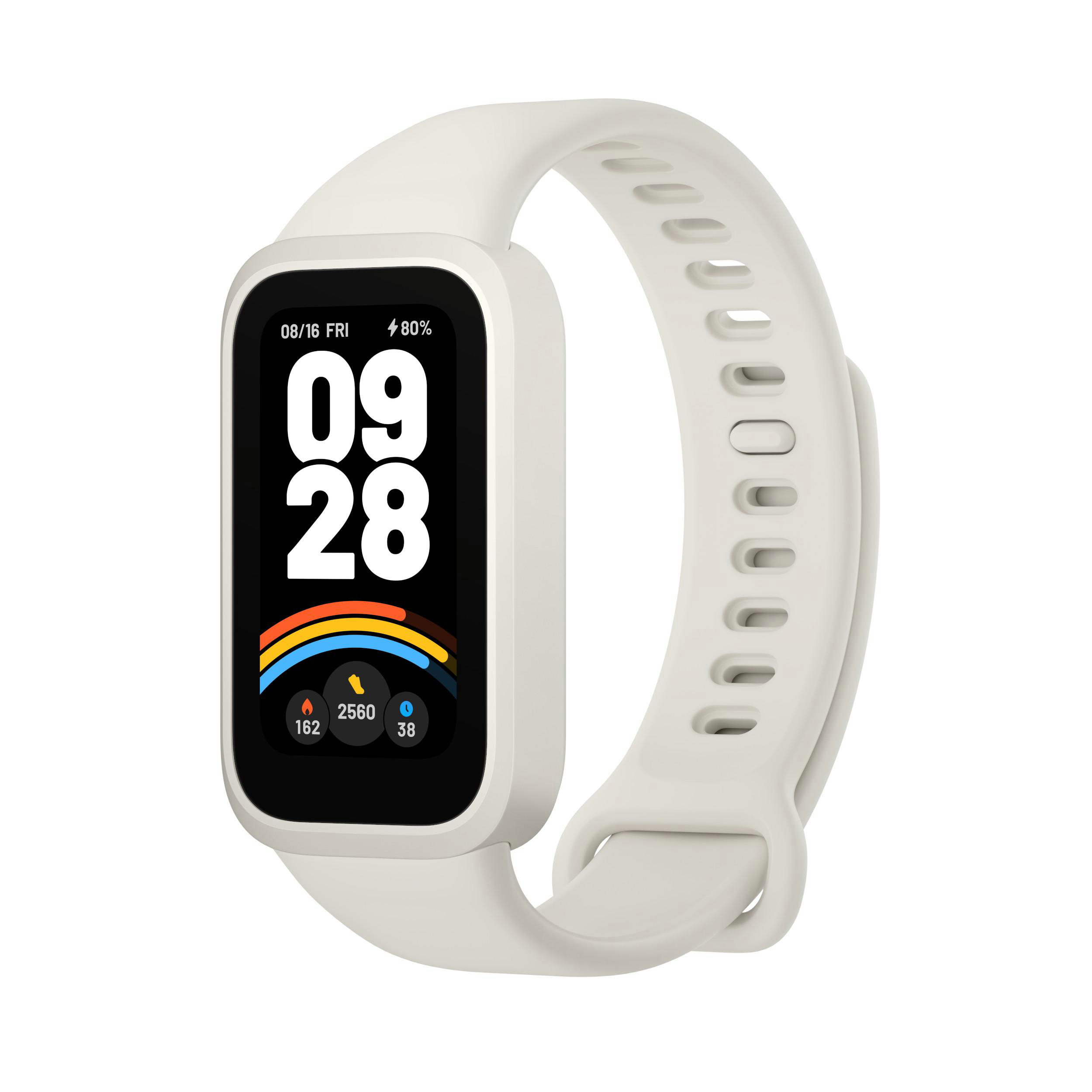 Weiße Smartwatch mit rechteckigem Zifferblatt. Das Display zeigt Zeit und Fitnessdaten. Weißes Armband.