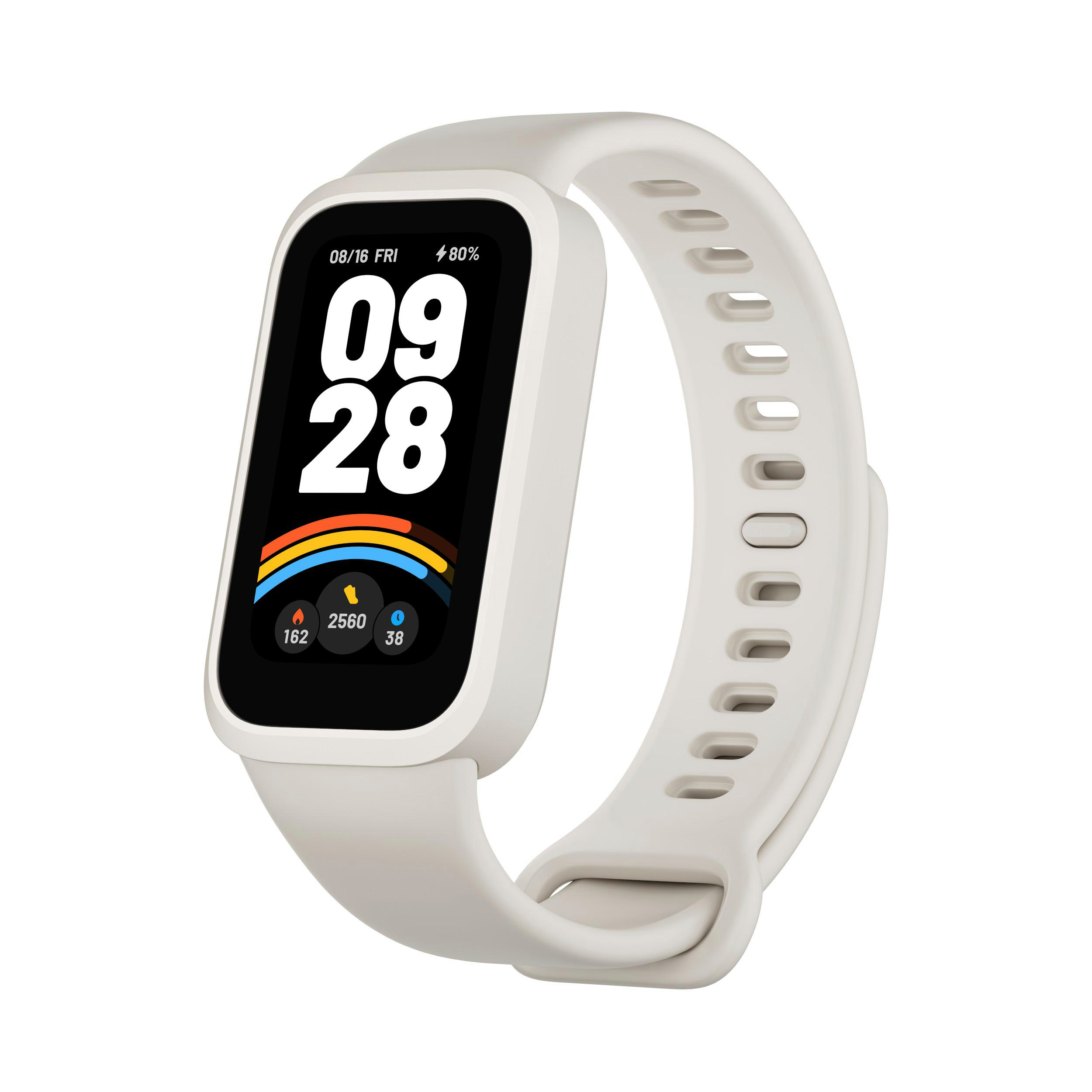 Weiße Smartwatch auf weißer Oberfläche mit Anzeige von Zeit und Daten.