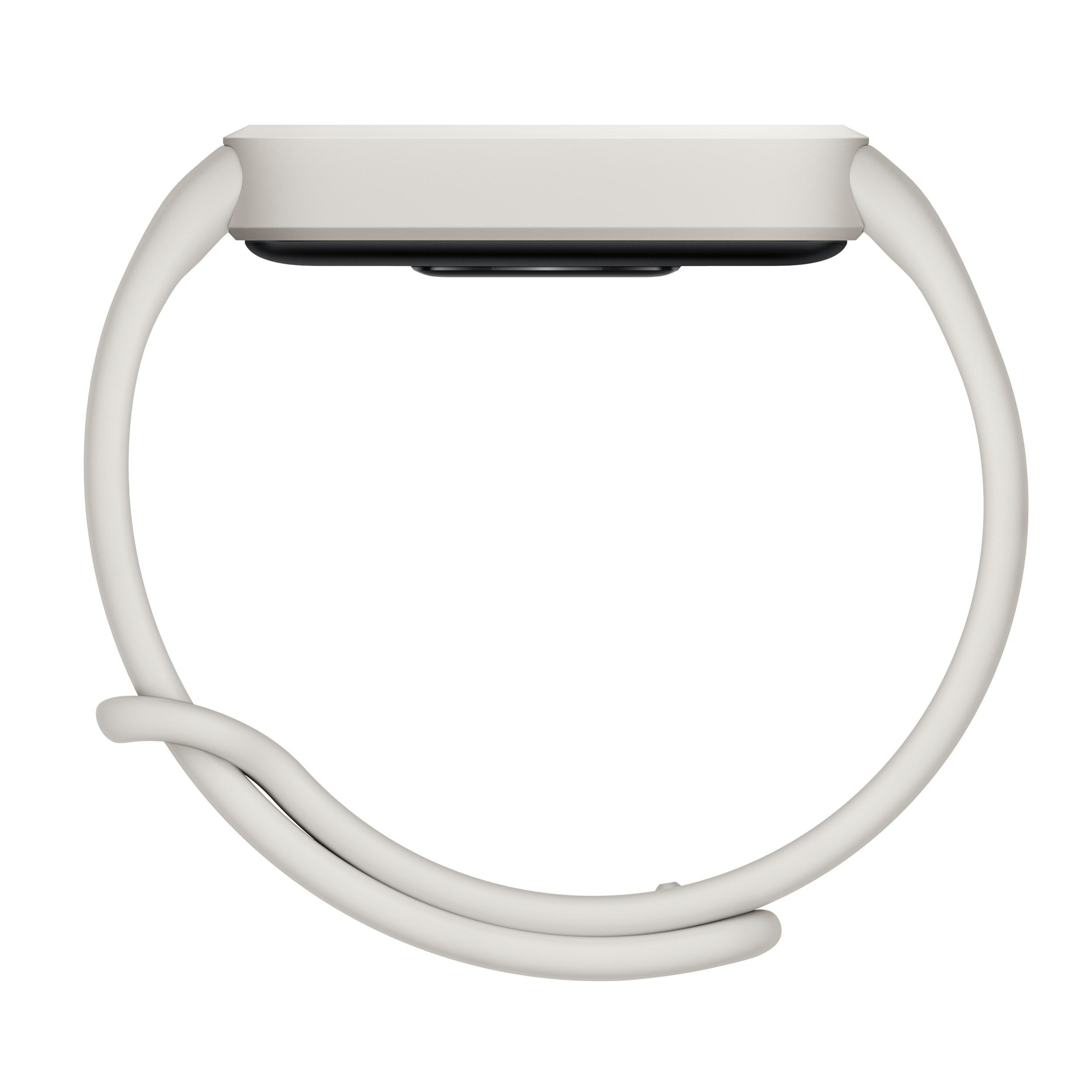 Seitenansicht einer weißen Smartwatch an einem weißen Armband.