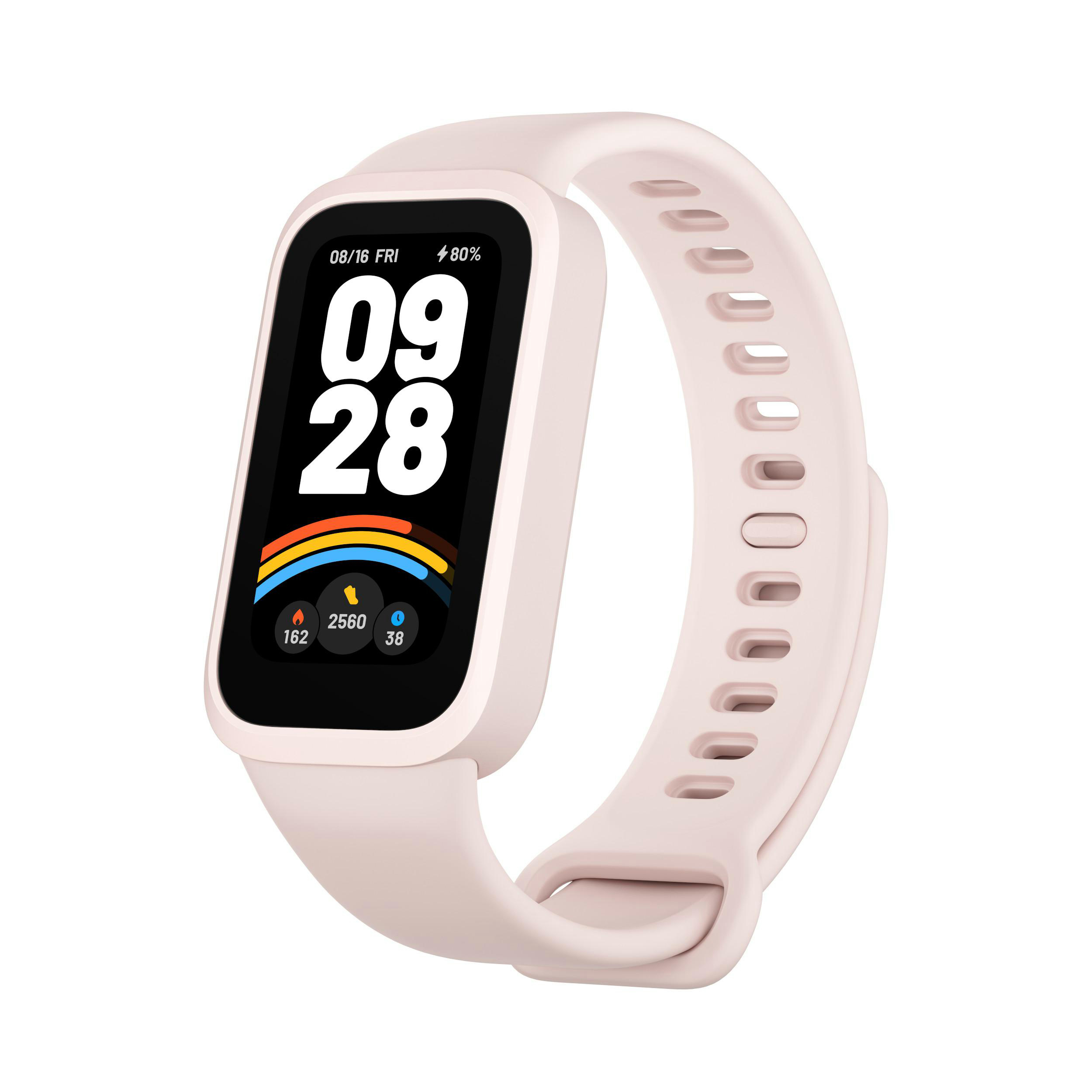 Rosa Smartwatch mit Datums- und Zeitanzeige und rosafarbenem Armband.