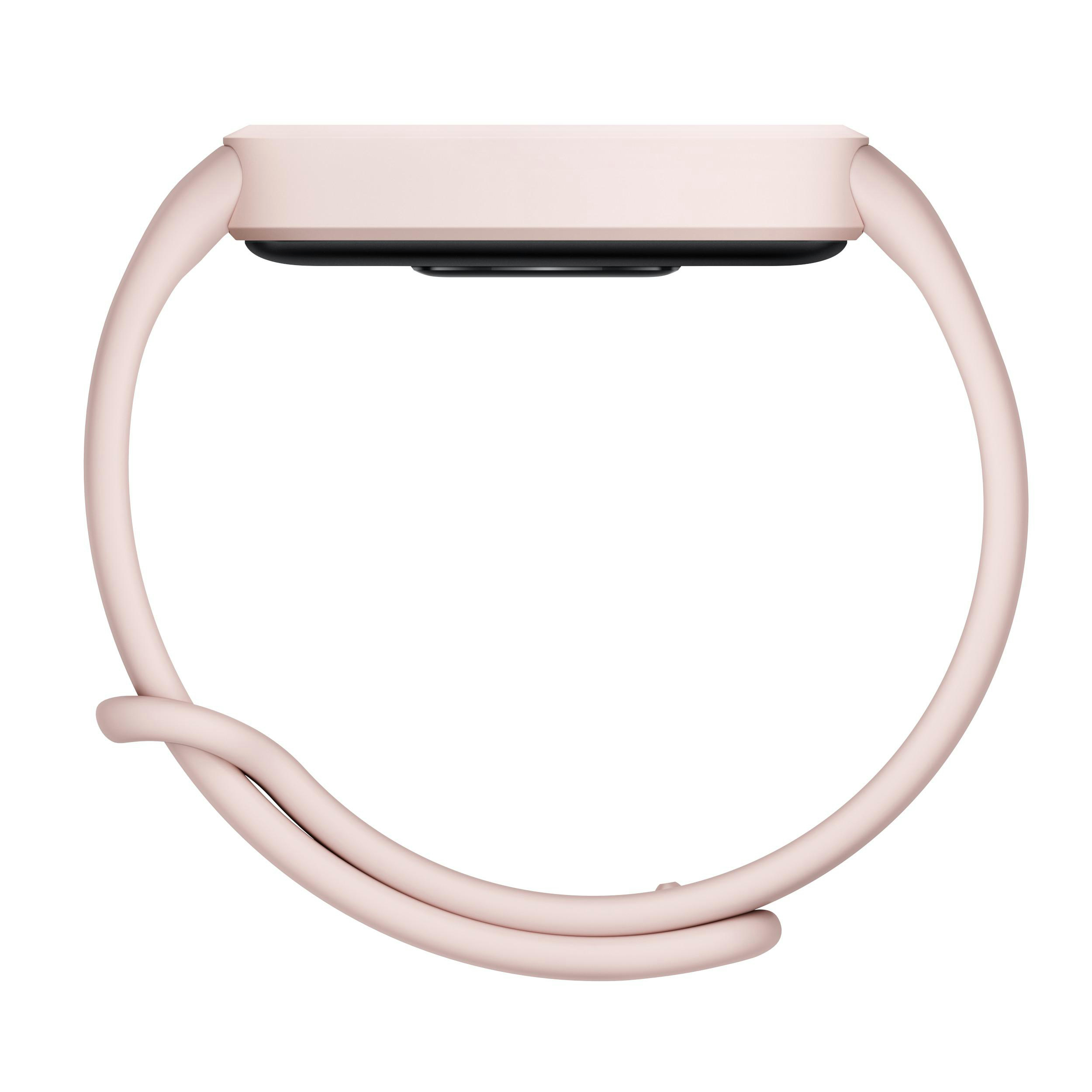 Rosafarbener Fitnesstracker oder Smartband, Seitenansicht, auf weißem Hintergrund.