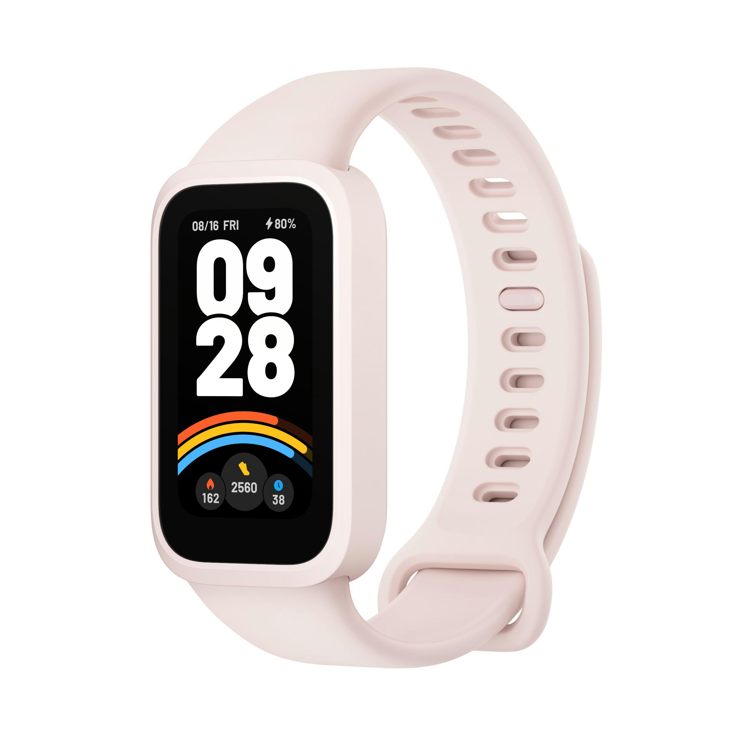 Rosa Smartwatch mit rechteckigem Bildschirm, der Uhrzeit und Datum anzeigt. Das Armband ist rosa.