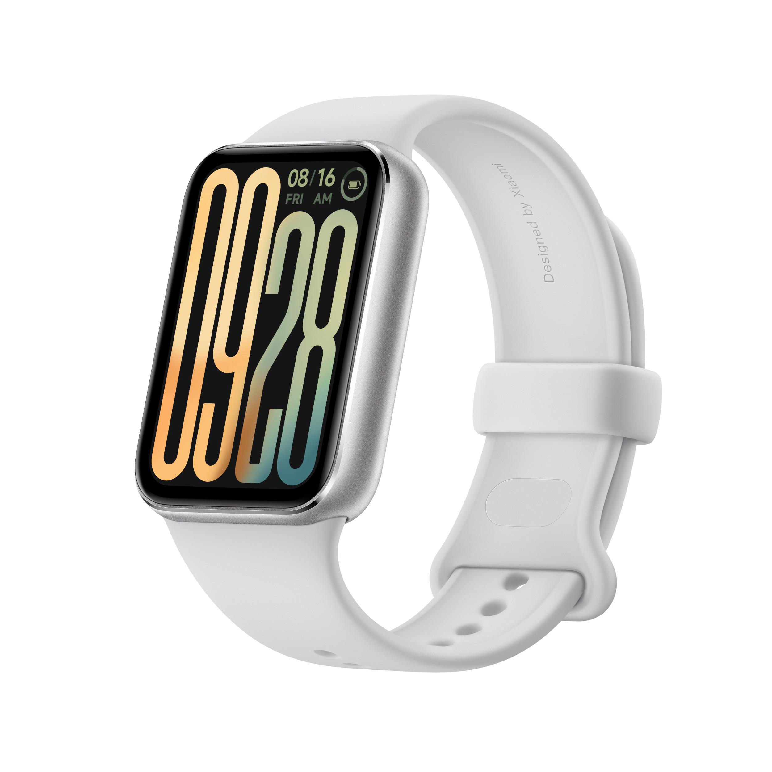 Weiße Smartwatch mit rechteckigem Bildschirm und weißem Armband.