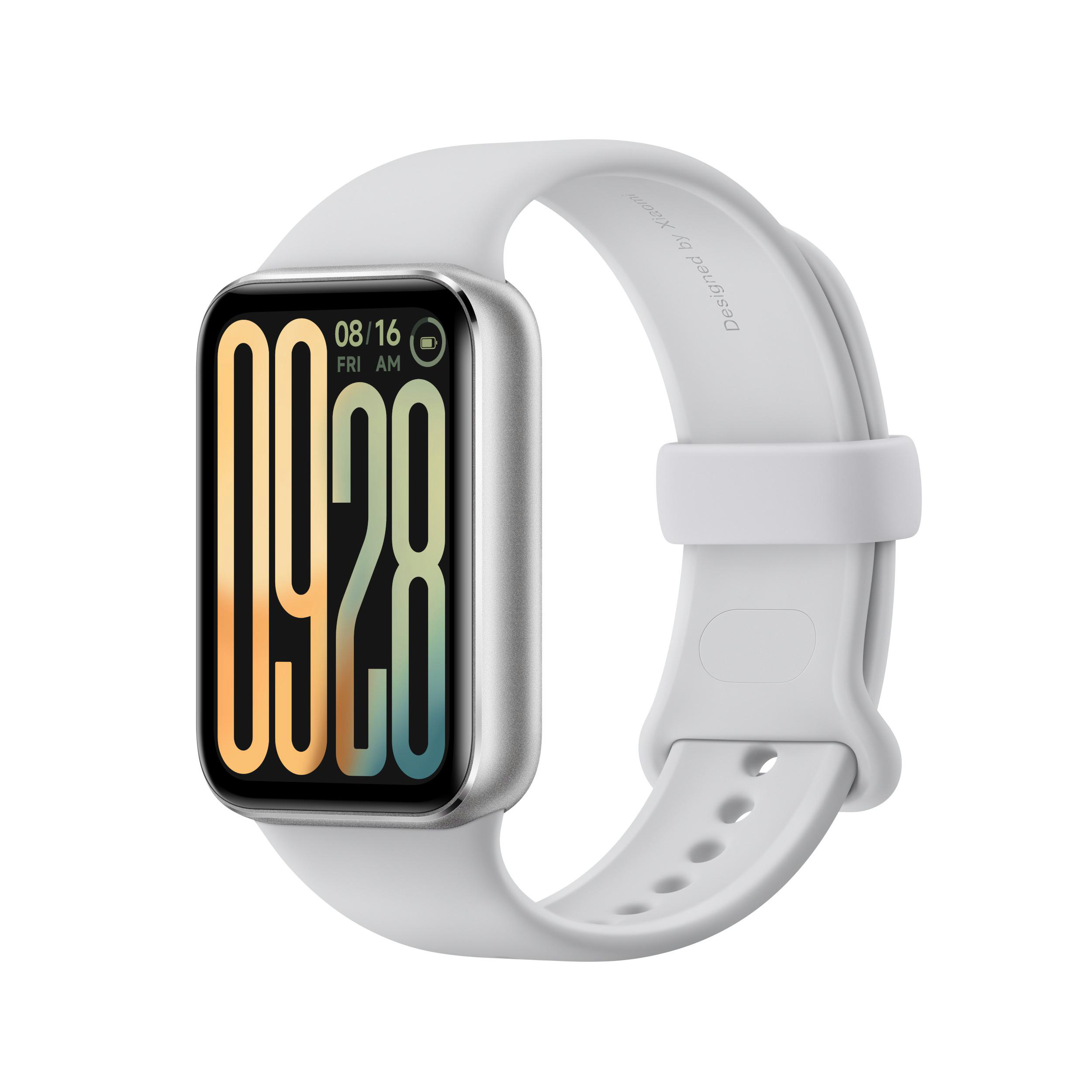 Die Smartwatch hat ein weißes Armband und einen rechteckigen Bildschirm.