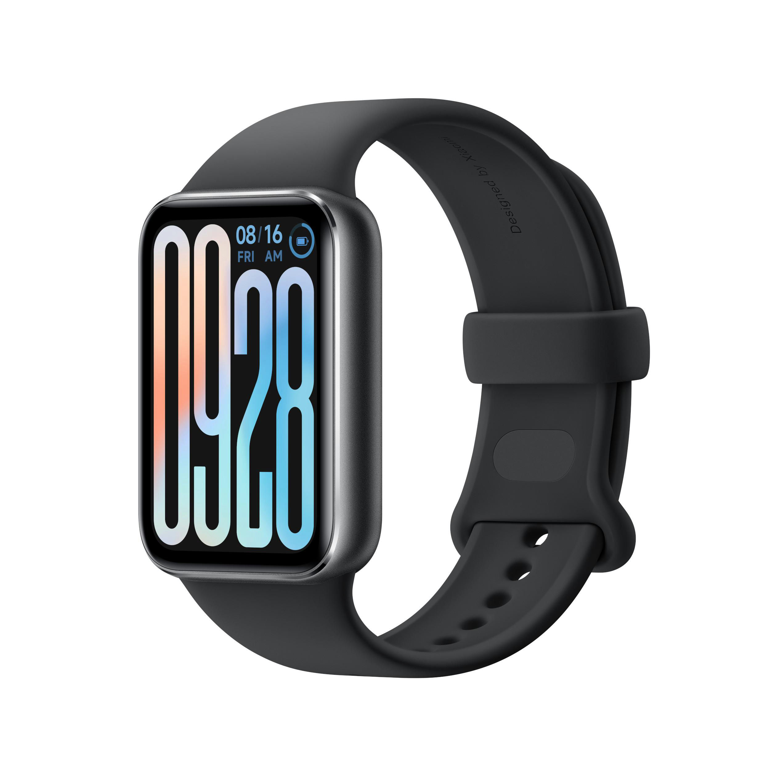 Smartwatch mit schwarzem Armband, schwarzem Bildschirm mit Uhrzeit 09:28 und Datum 08/16.