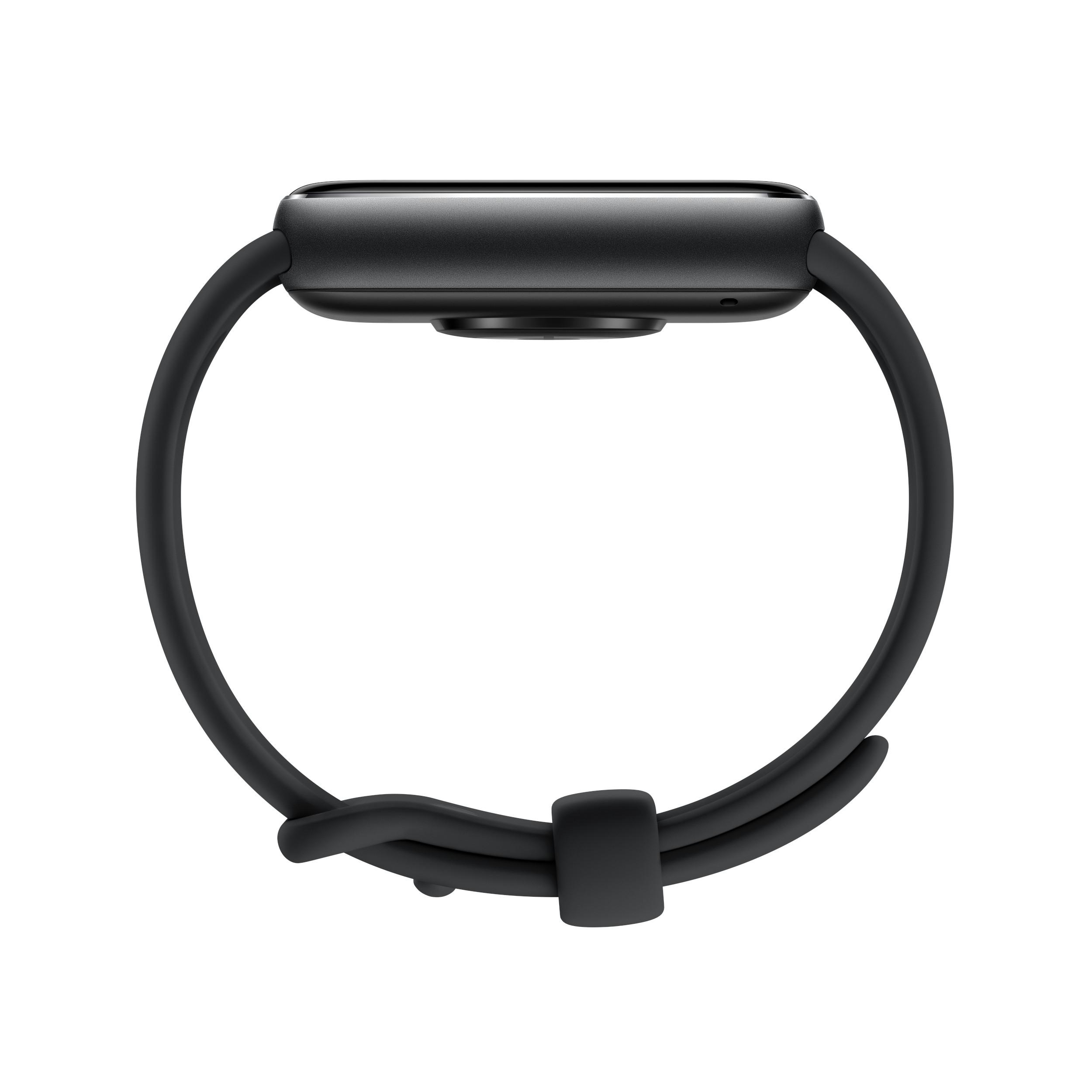 Schwarze Smartwatch mit kreisförmigem Armband, Seitenansicht, auf weißem Hintergrund.