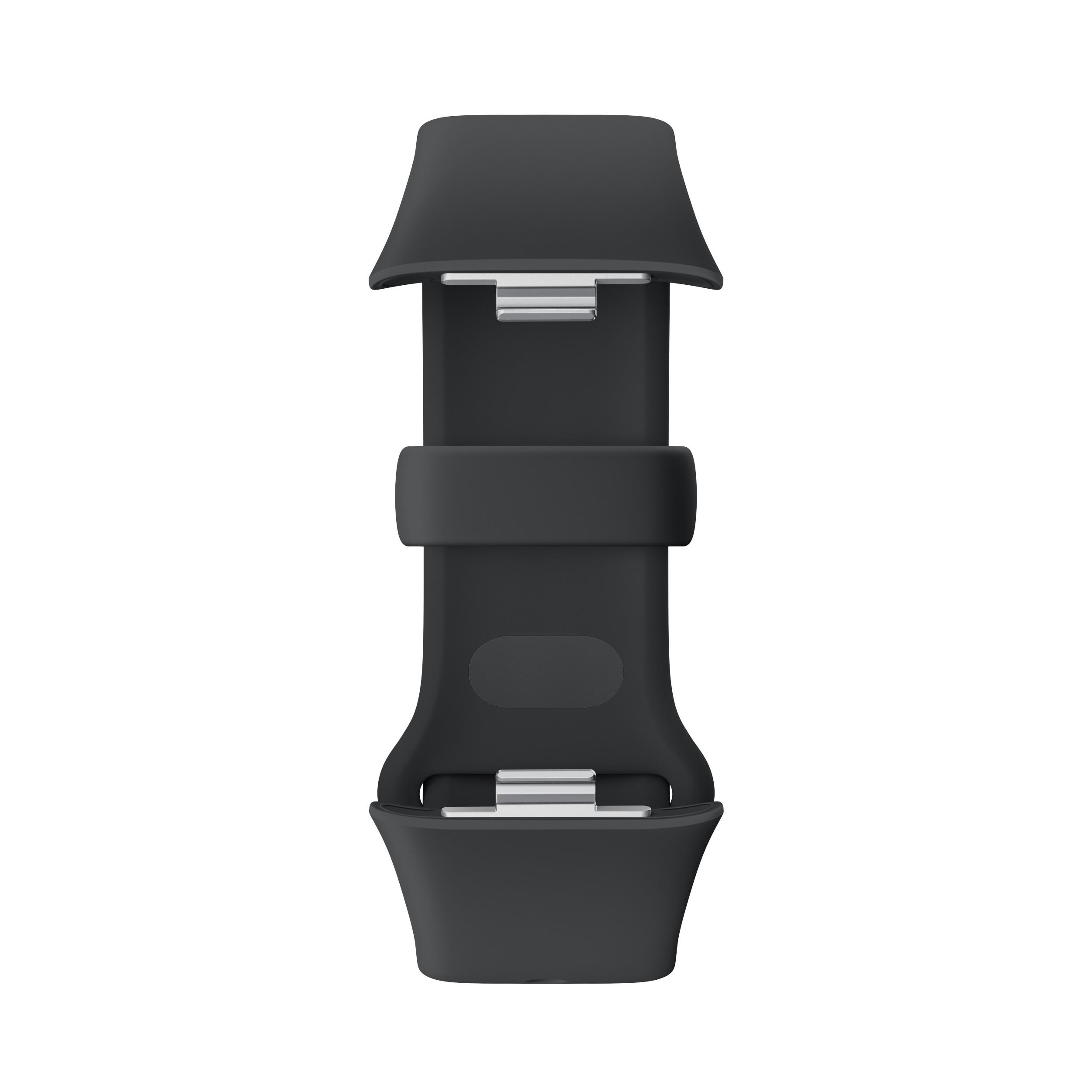 Ein schwarzes Uhrenarmband von oben gesehen, mit geschwungenem Design und Metallverbindern.