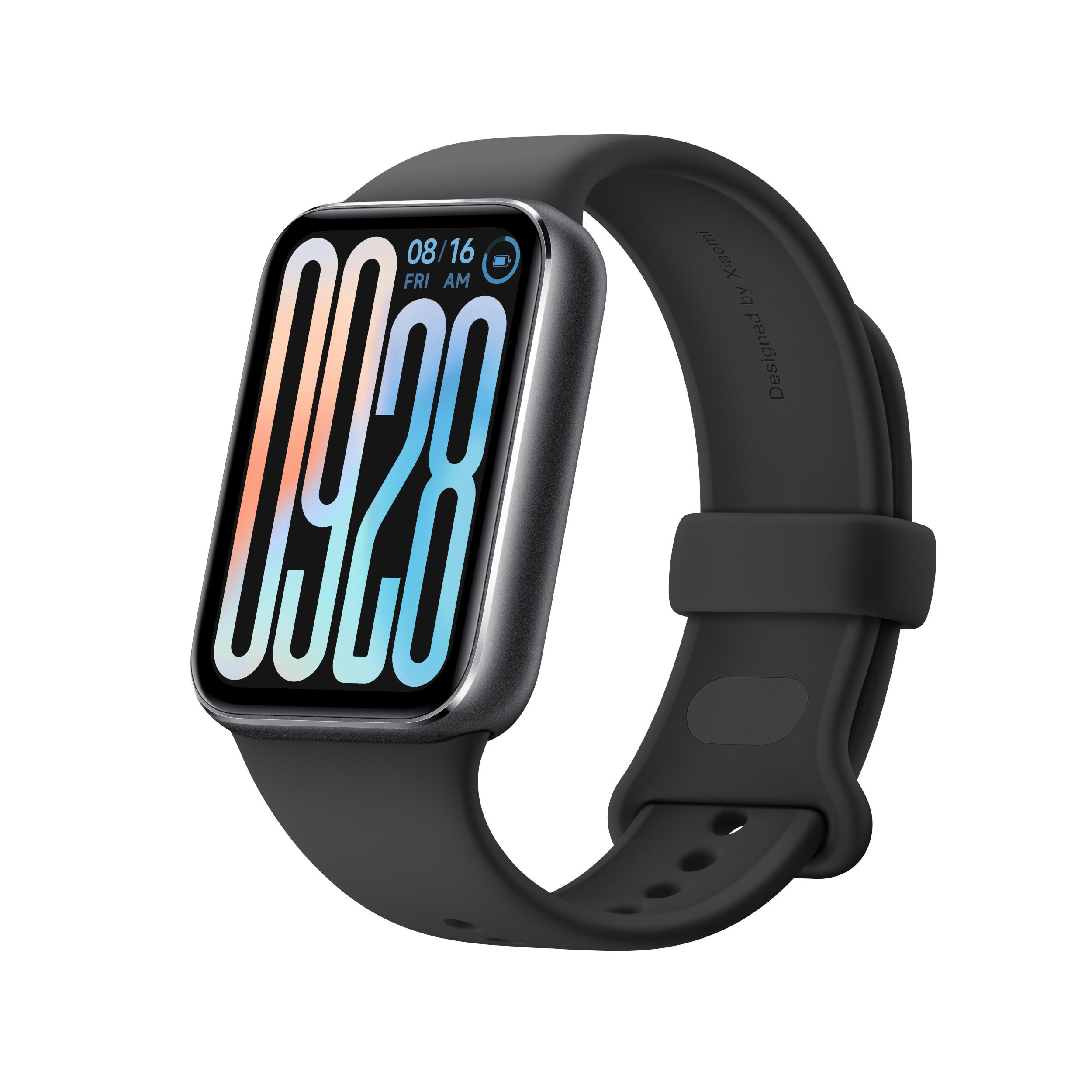 Schwarze Smartwatch mit rechteckigem Bildschirm und schwarzem Armband. Zeigt Zeit und Datum.