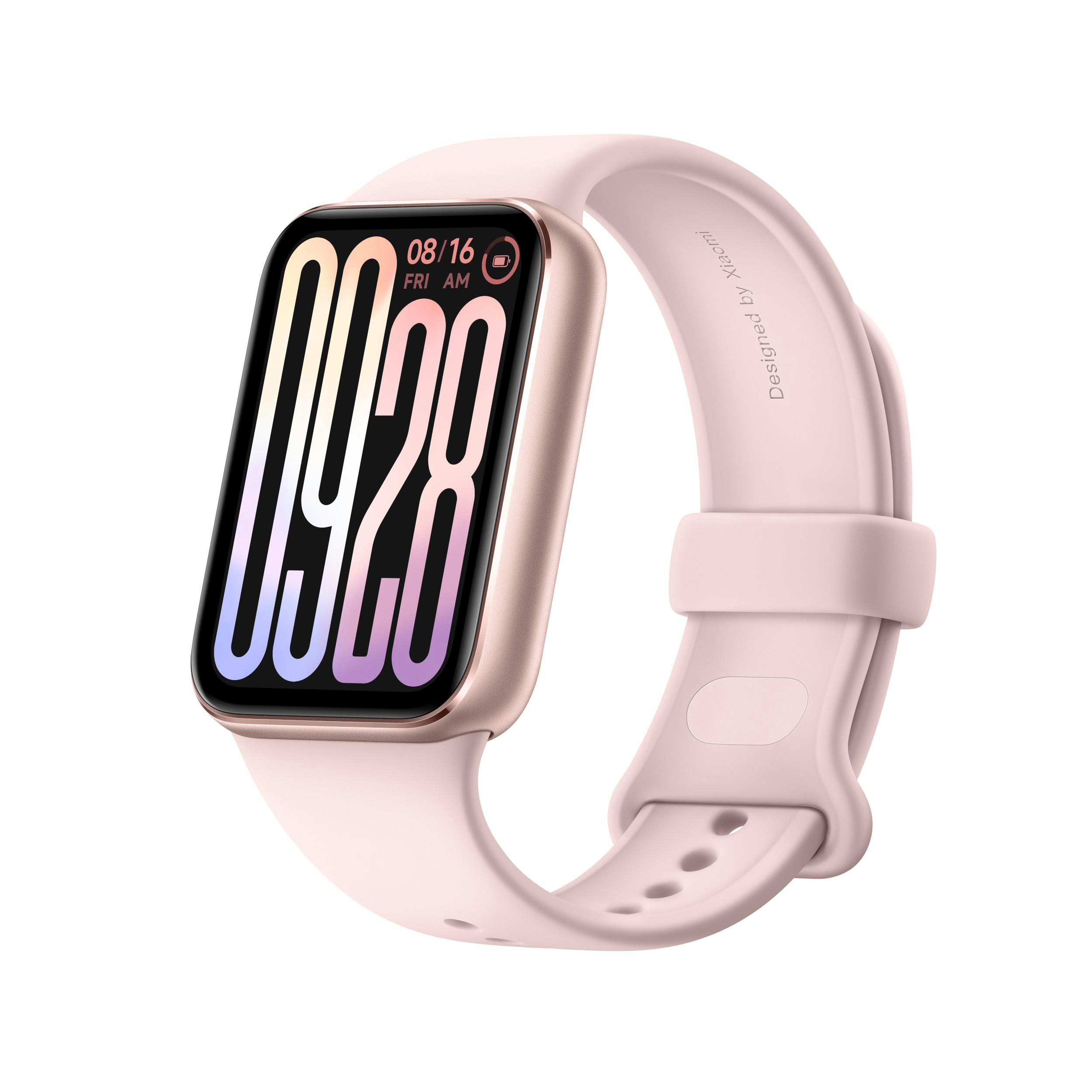 Rosafarbene Smartwatch mit rechteckigem Bildschirm, der Datum und Uhrzeit anzeigt, an einem rosafarbenen Armband.