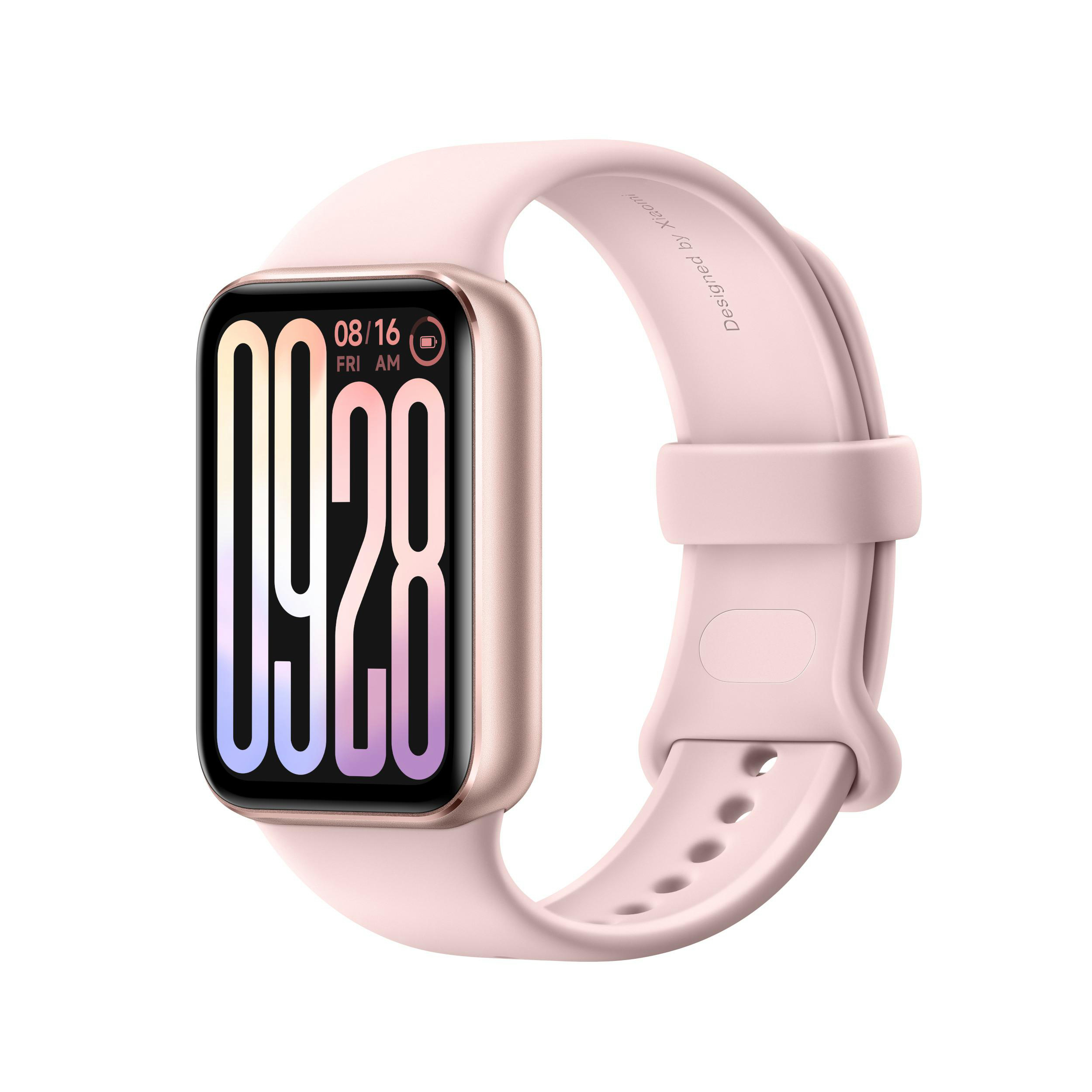 Rosa Smartwatch mit rosa Armband. Der Bildschirm zeigt Datum und Uhrzeit an.